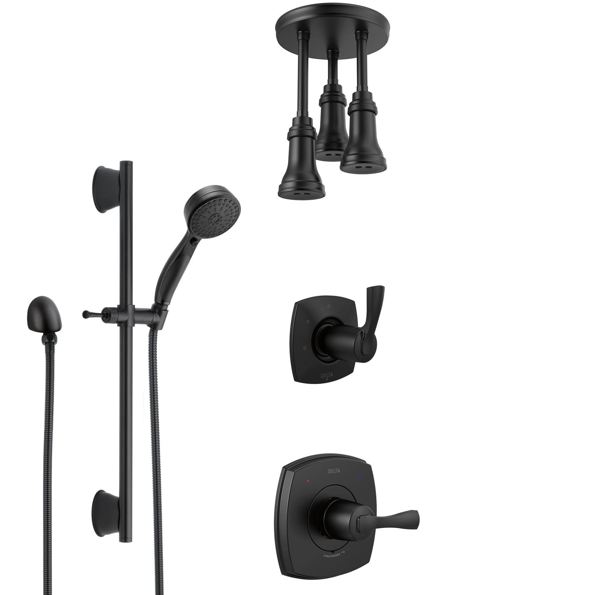 Delta Stryke Matte Black Finish Shower System with Diverter, Triple Pendant Ceiling Mount Showerhead Fixture, and Hand Spray with Slidebar SS14763BL11