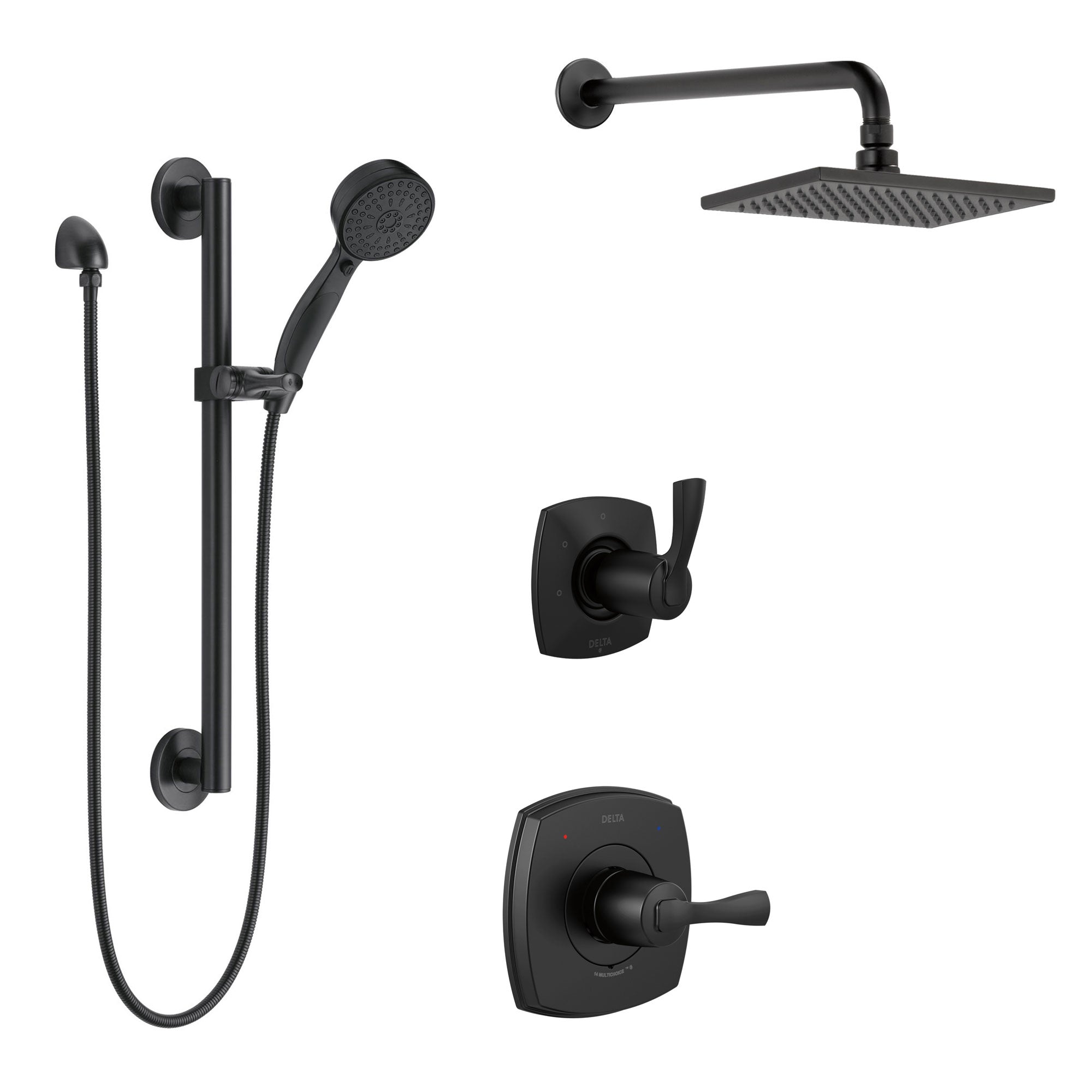 Delta Stryke Matte Black Finish Shower Diverter System with Large Wall Mount Rain Showerhead and Grab Bar Mounted Hand Sprayer Kit SS14763BL3