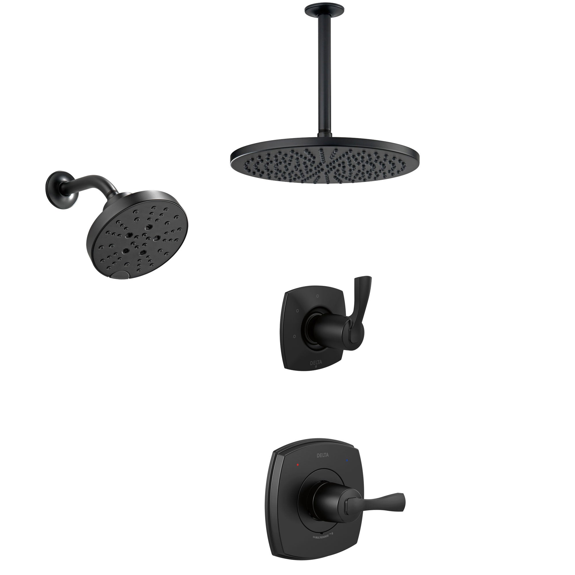 Delta Stryke Matte Black Finish Modern Shower System with Diverter, Large Ceiling Mount Rain Showerhead, and Multi-Setting Wall Showerhead SS14763BL7