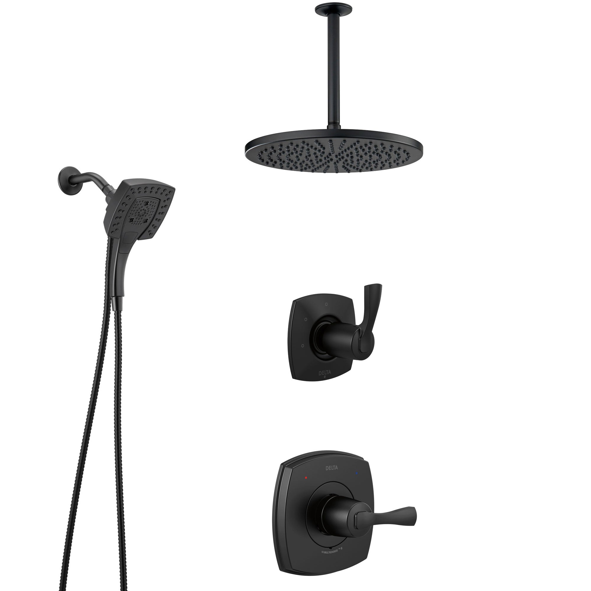 Delta Stryke Matte Black Finish Shower System with Diverter, Large Modern Ceiling Showerhead, and In2ition Detachable Hand Shower Spray SS14763BL9