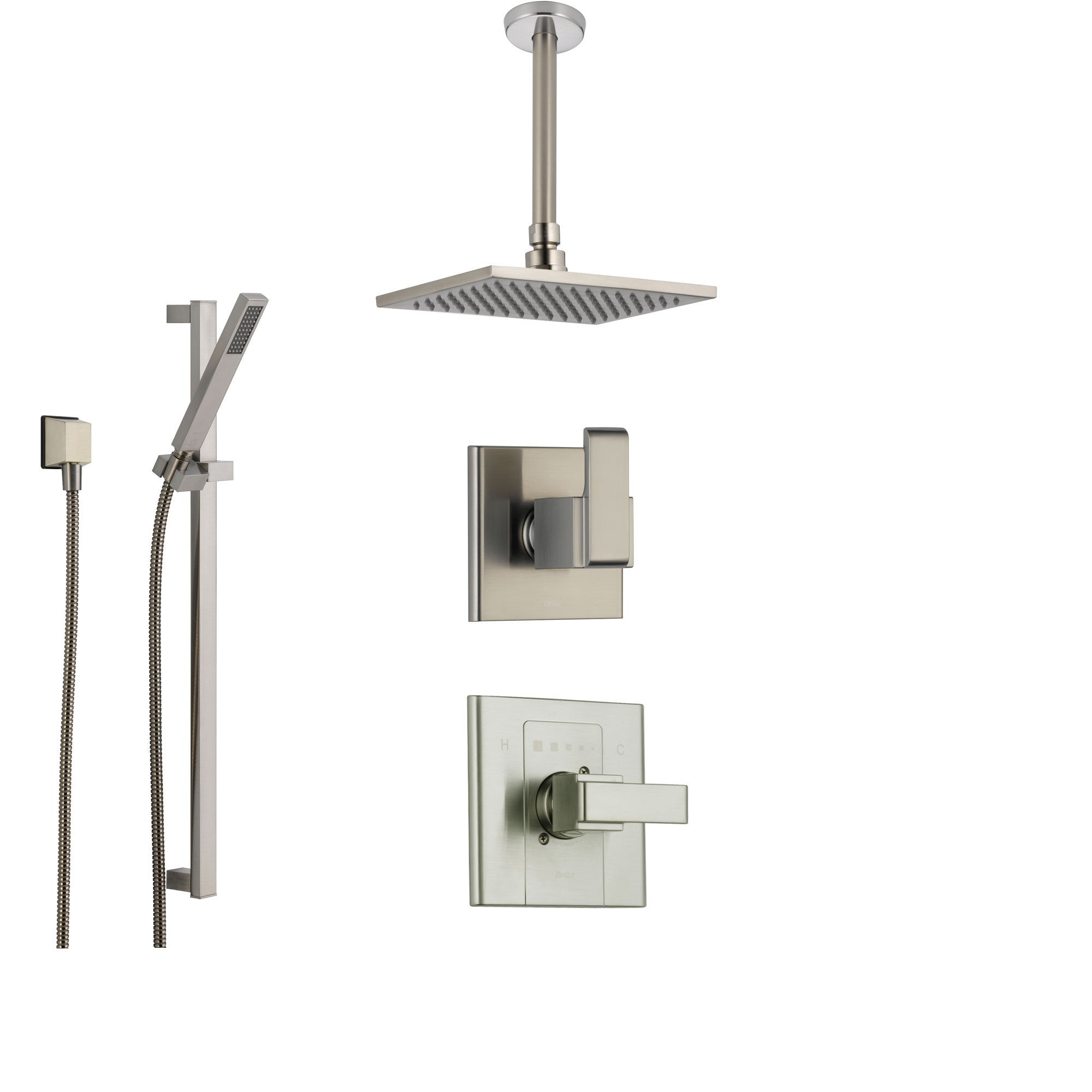 Delta Arzo Stainless Steel Shower System with Normal Shower Handle, 3-setting Diverter, Modern Square Ceiling Mount Showerhead, and Hand Shower Spray SS148681SS