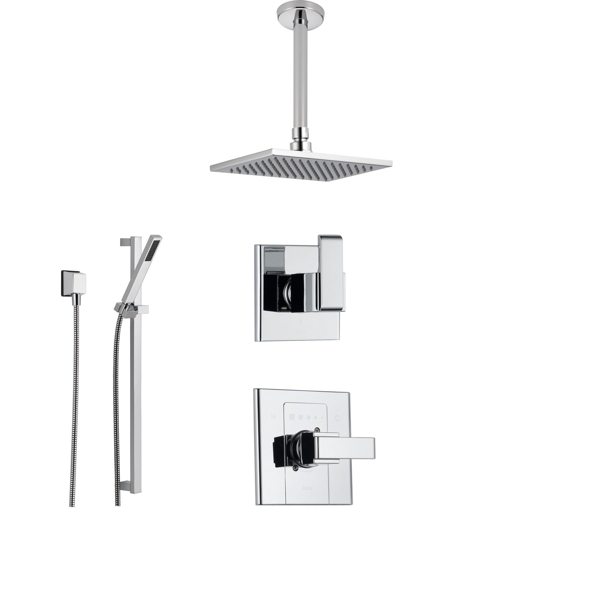 Delta Arzo Chrome Shower System with Normal Shower Handle, 3-setting Diverter, Large Square Rain Showerhead, and Hand Held Shower SS148681