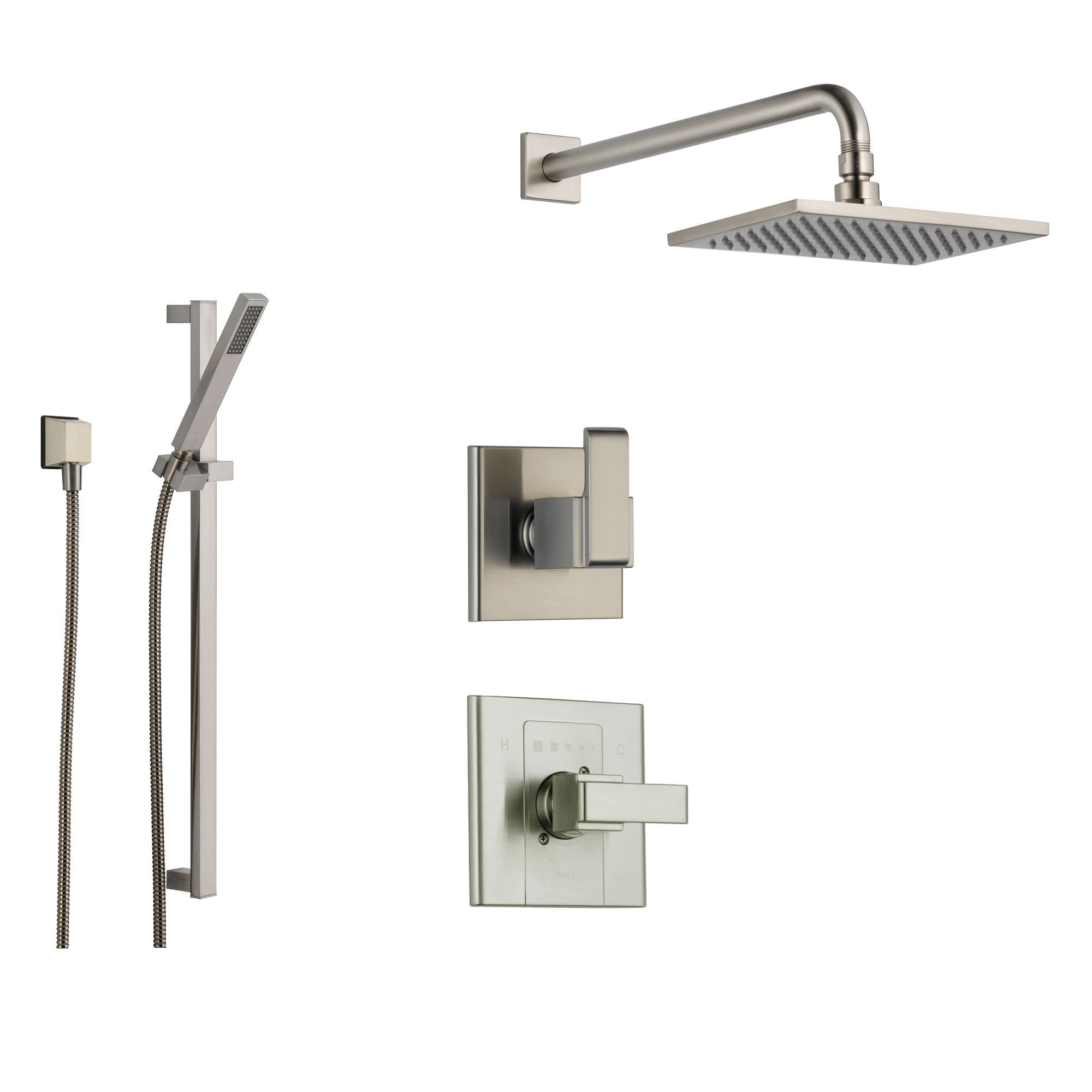 Delta Arzo Stainless Steel Shower System with Normal Shower Handle, 3-setting Diverter, Square Rain Showerhead and Modern Handheld Shower SS148682SS