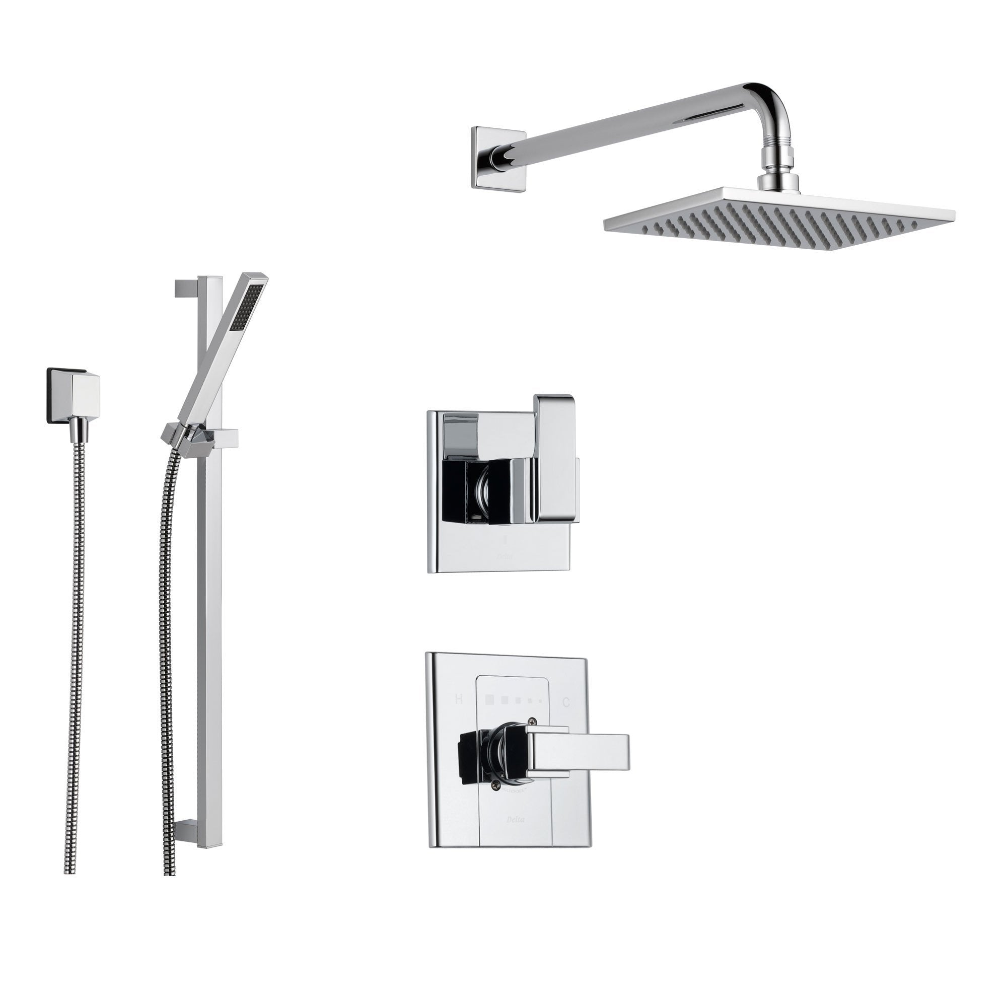 Delta Arzo Chrome Shower System with Normal Shower Handle, 3-setting Diverter, Large Square Rain Showerhead, and Handheld Shower SS148682