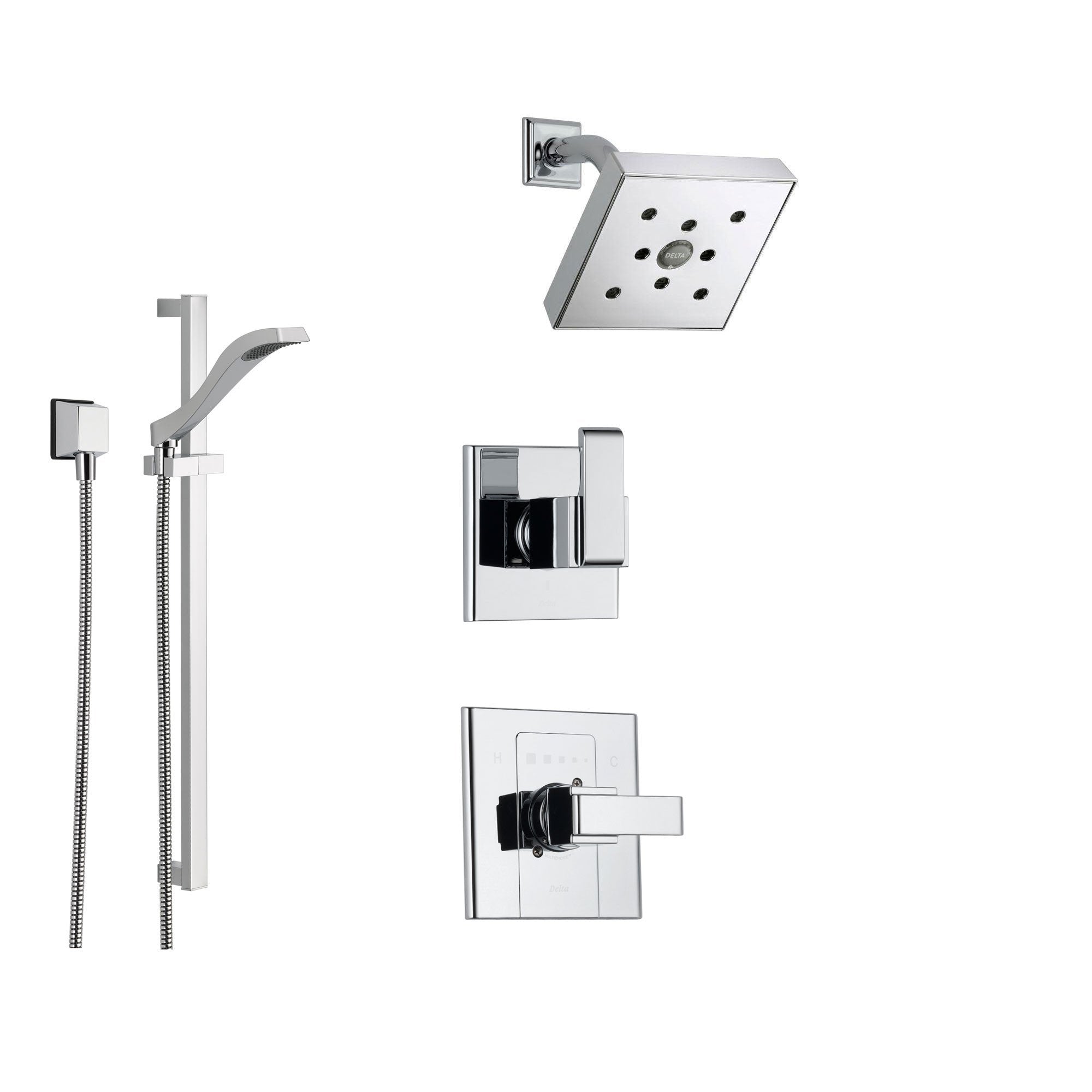 Delta Arzo Chrome Shower System with Normal Shower Handle, 3-setting Diverter, Modern Square Showerhead, and Handheld Shower SS148684