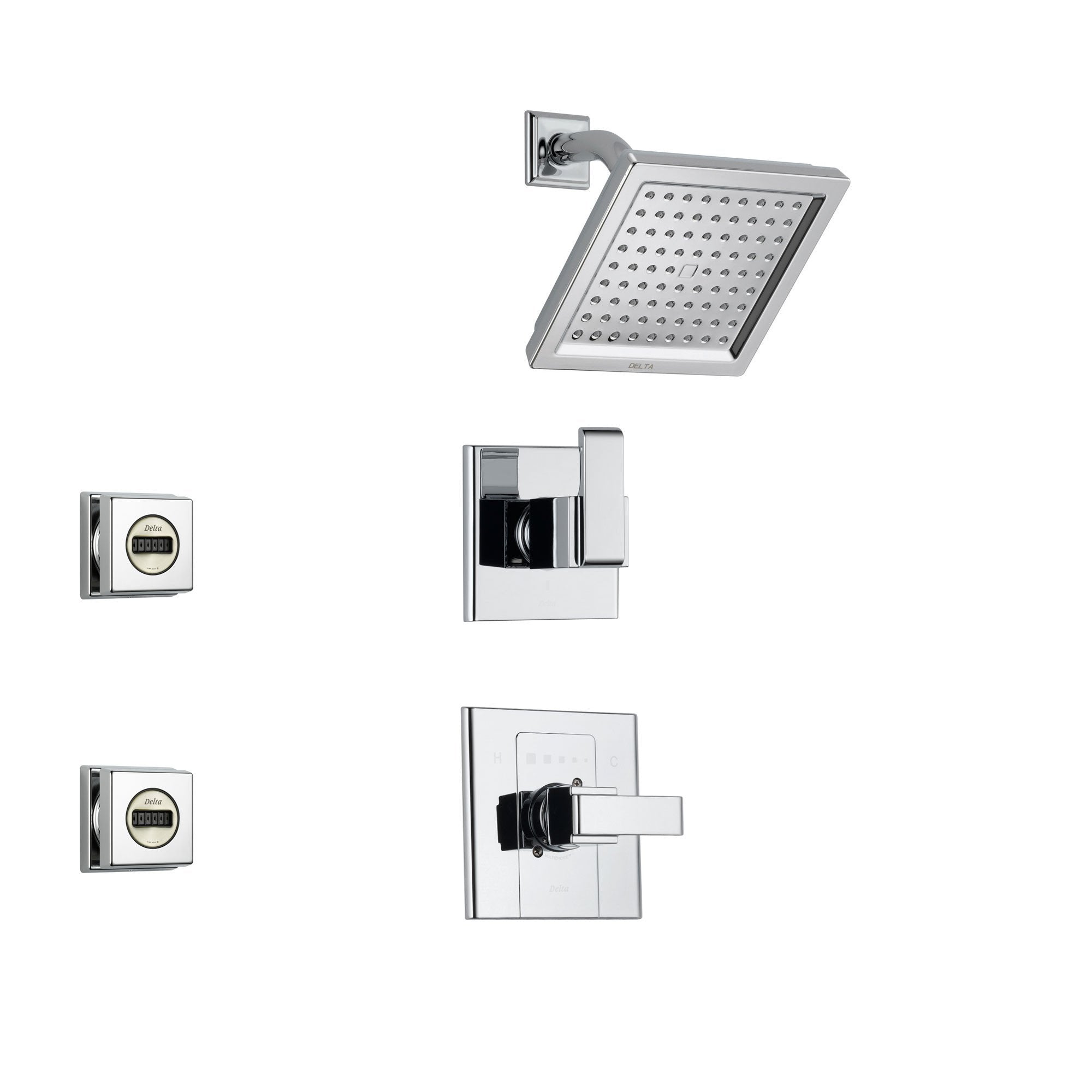 Delta Arzo Chrome Shower System with Normal Shower Handle, 3-setting Diverter, Modern Square Showerhead, and 2 Body Sprays SS148685