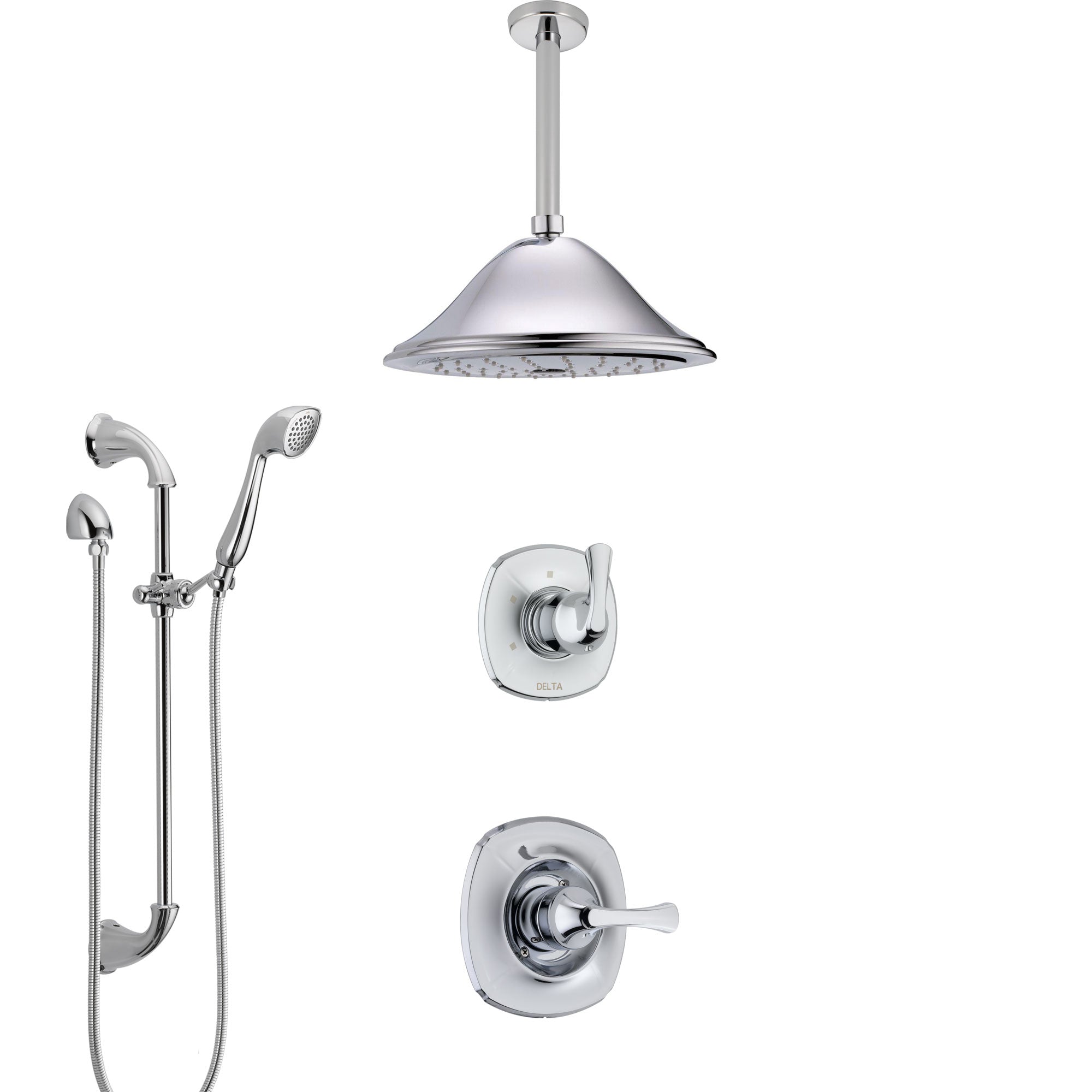 Delta Addison Chrome Finish Shower System with Control Handle, 3-Setting Diverter, Ceiling Mount Showerhead, and Hand Shower with Slidebar SS14921