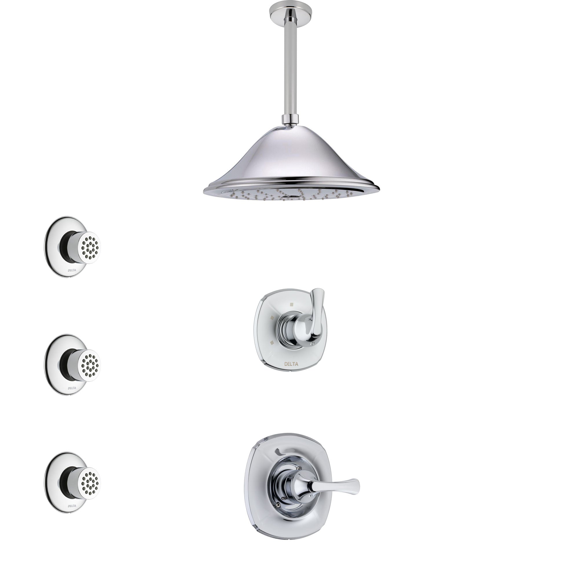 Delta Addison Chrome Finish Shower System with Control Handle, 3-Setting Diverter, Ceiling Mount Showerhead, and 3 Body Sprays SS14923