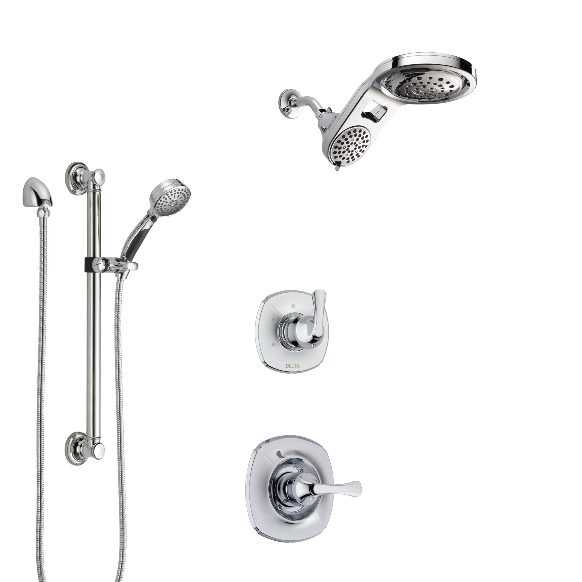 Delta Addison Chrome Finish Shower System with Control Handle, 3-Setting Diverter, Dual Showerhead, and Hand Shower with Grab Bar SS14927
