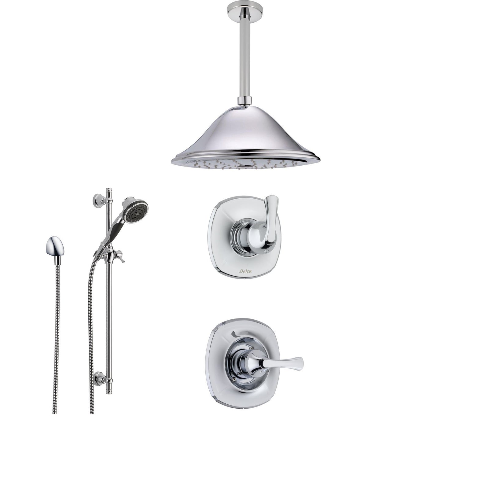 Delta Addison Chrome Shower System with Normal Shower Handle, 3-setting Diverter, Large Ceiling Mount Showerhead, and Handheld Shower SS149282