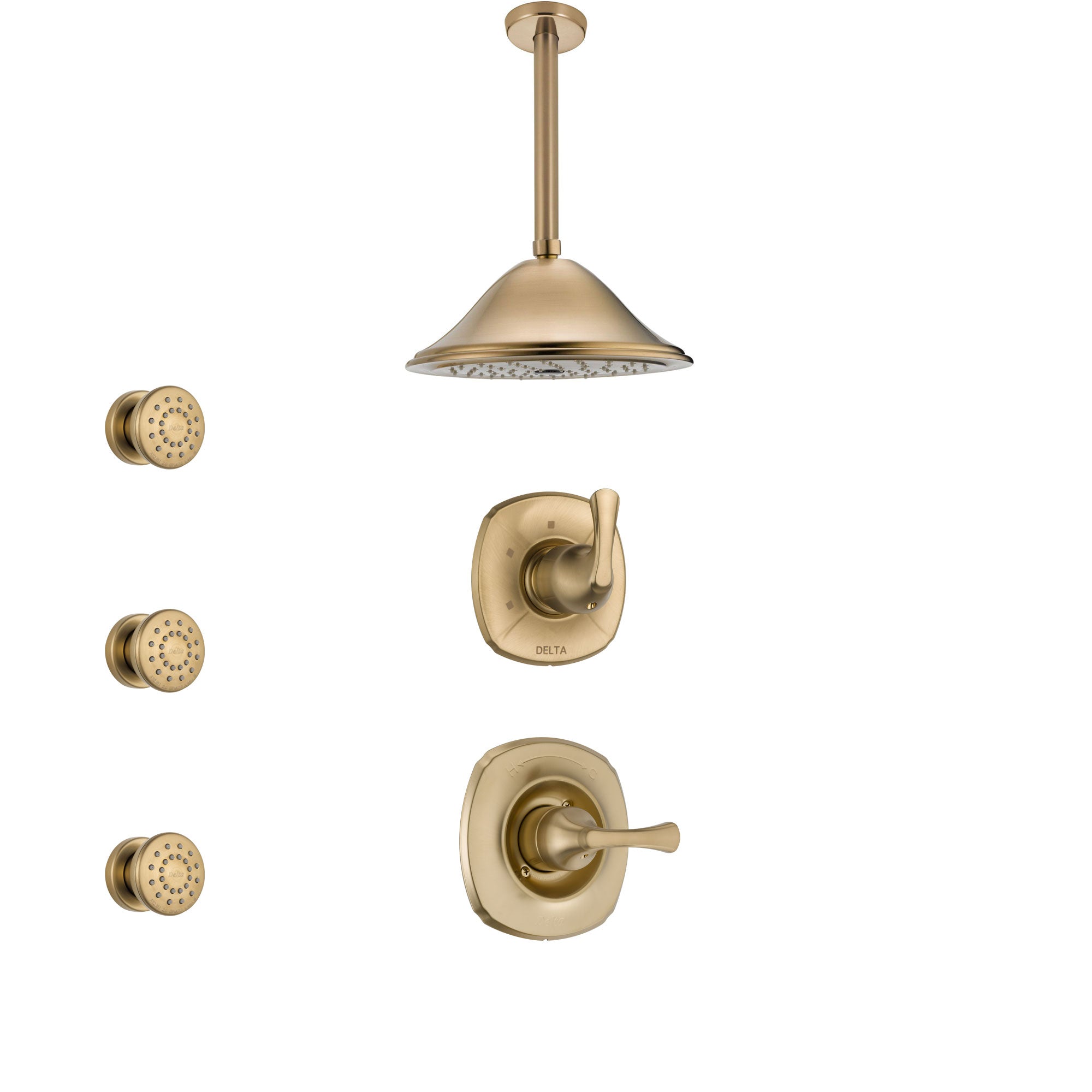 Delta Addison Champagne Bronze Finish Shower System with Control Handle, 3-Setting Diverter, Ceiling Mount Showerhead, and 3 Body Sprays SS1492CZ2