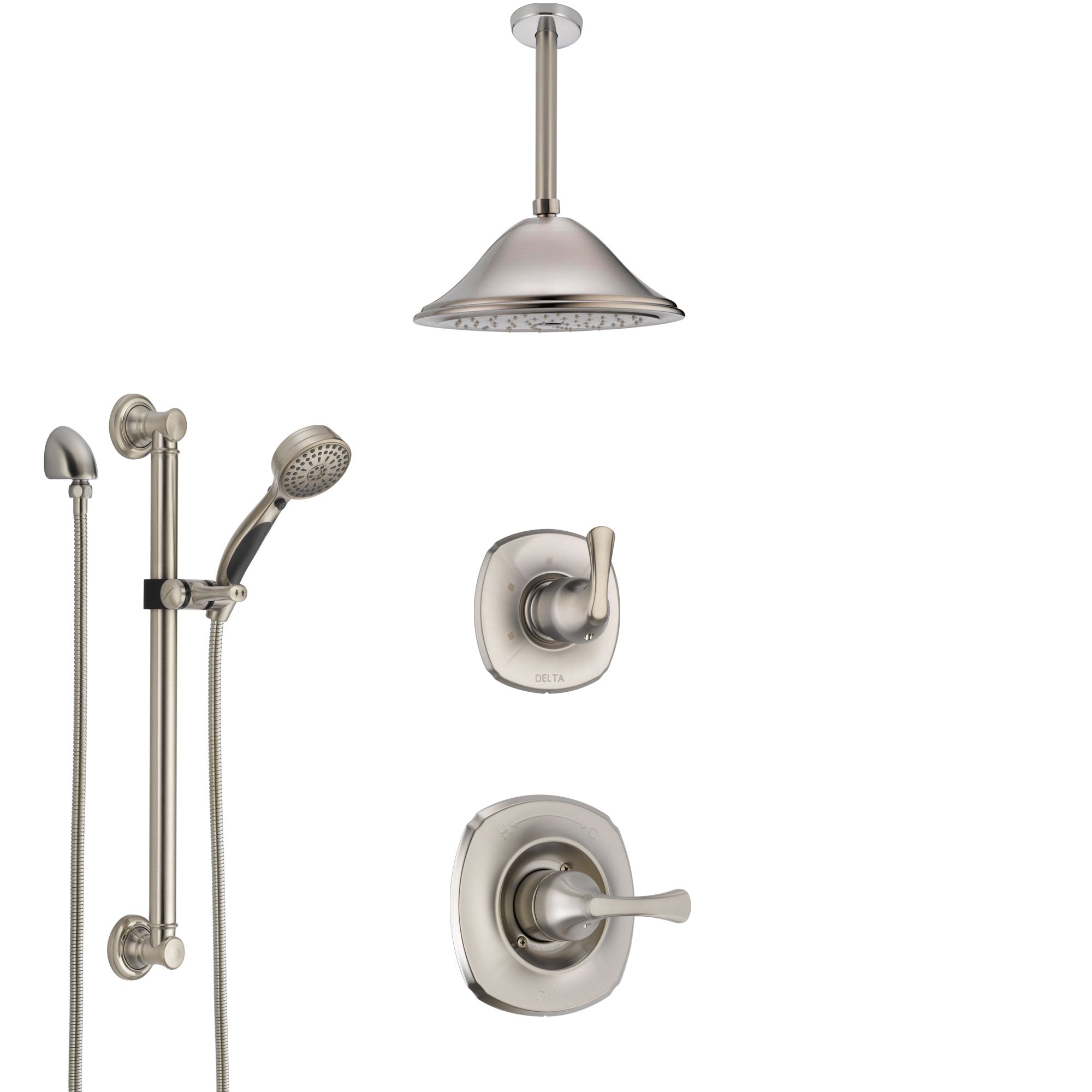 Delta Addison Stainless Steel Finish Shower System with Control Handle, Diverter, Ceiling Mount Showerhead, and Hand Shower with Grab Bar SS1492SS8