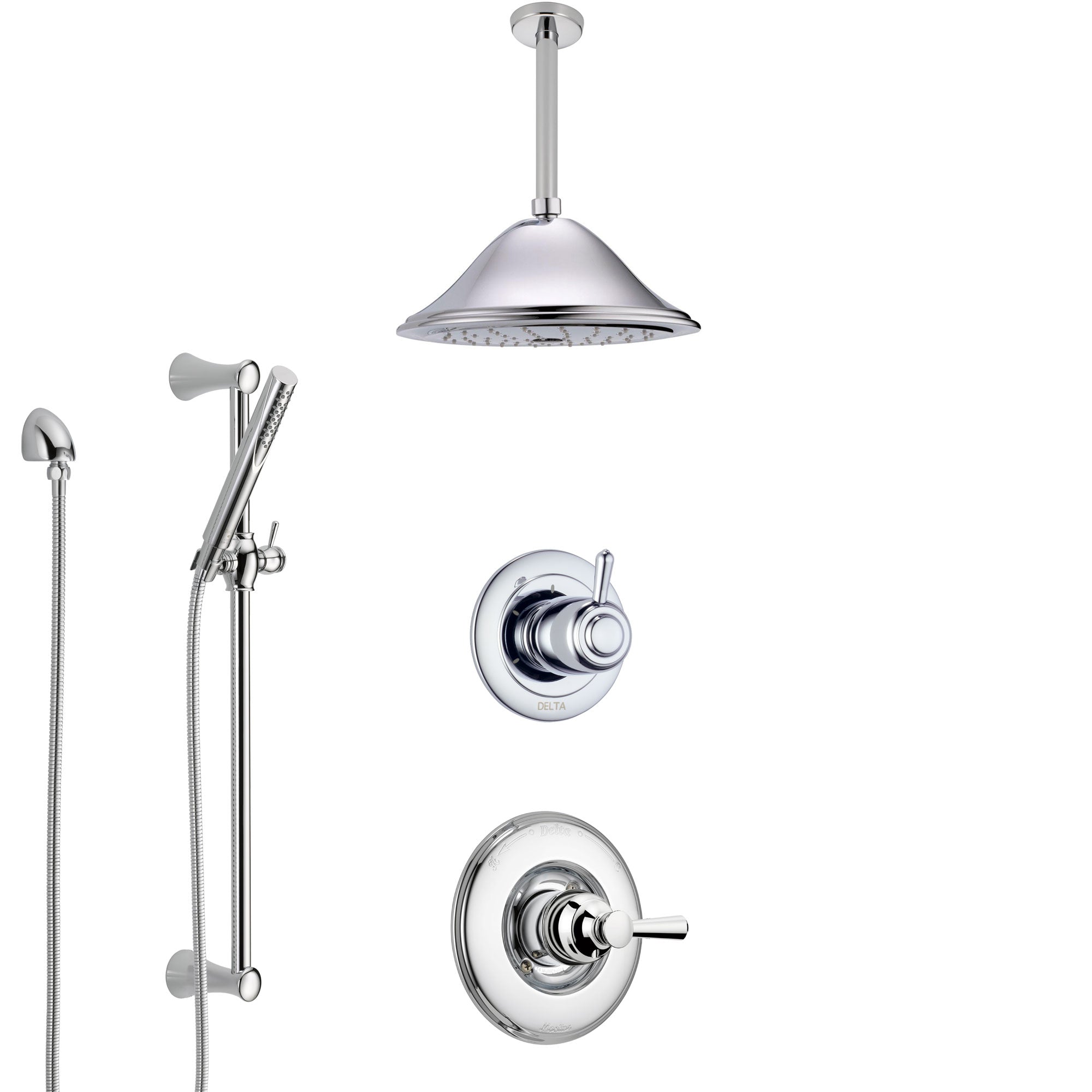 Delta Linden Chrome Finish Shower System with Control Handle, 3-Setting Diverter, Ceiling Mount Showerhead, and Hand Shower with Slidebar SS14931