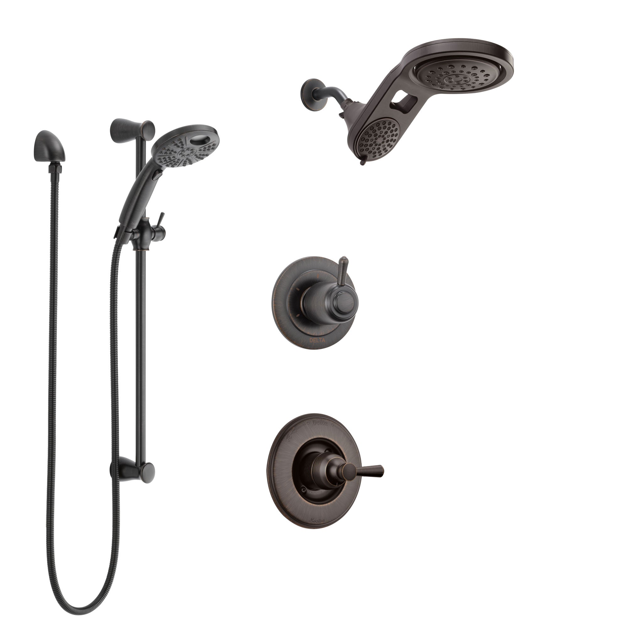 Delta Linden Venetian Bronze Finish Shower System with Control, 3-Setting Diverter, Dual Showerhead, and Temp2O Hand Shower with Slidebar SS1493RB1