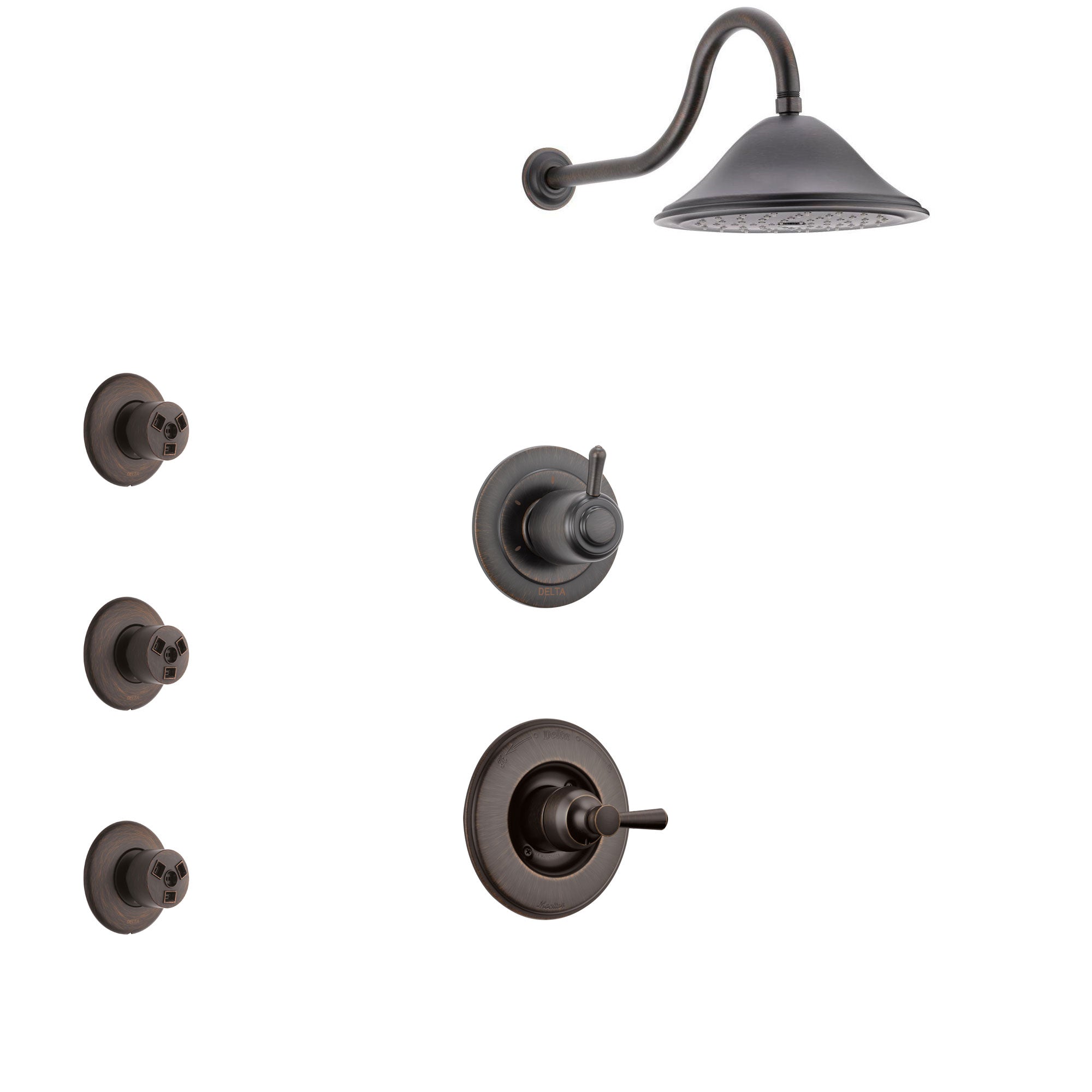 Delta Linden Venetian Bronze Finish Shower System with Control Handle, 3-Setting Diverter, Showerhead, and 3 Body Sprays SS1493RB3