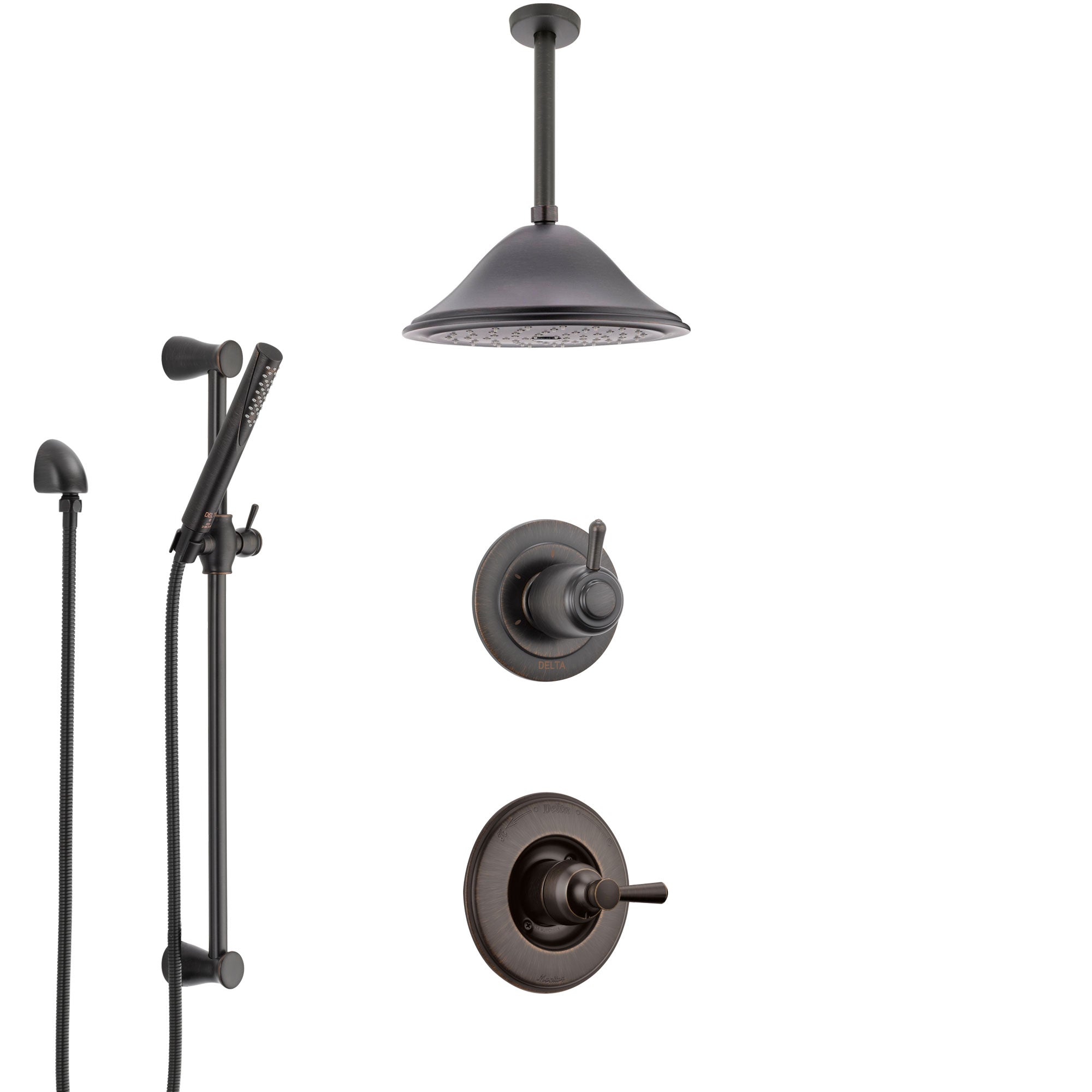 Delta Linden Venetian Bronze Shower System with Control Handle, 3-Setting Diverter, Ceiling Mount Showerhead, and Hand Shower with Slidebar SS1493RB7