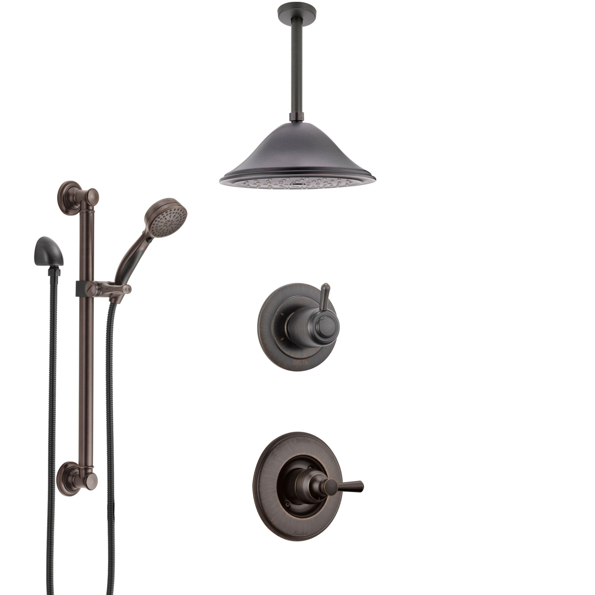 Delta Linden Venetian Bronze Shower System with Control Handle, 3-Setting Diverter, Ceiling Mount Showerhead, and Hand Shower with Grab Bar SS1493RB8