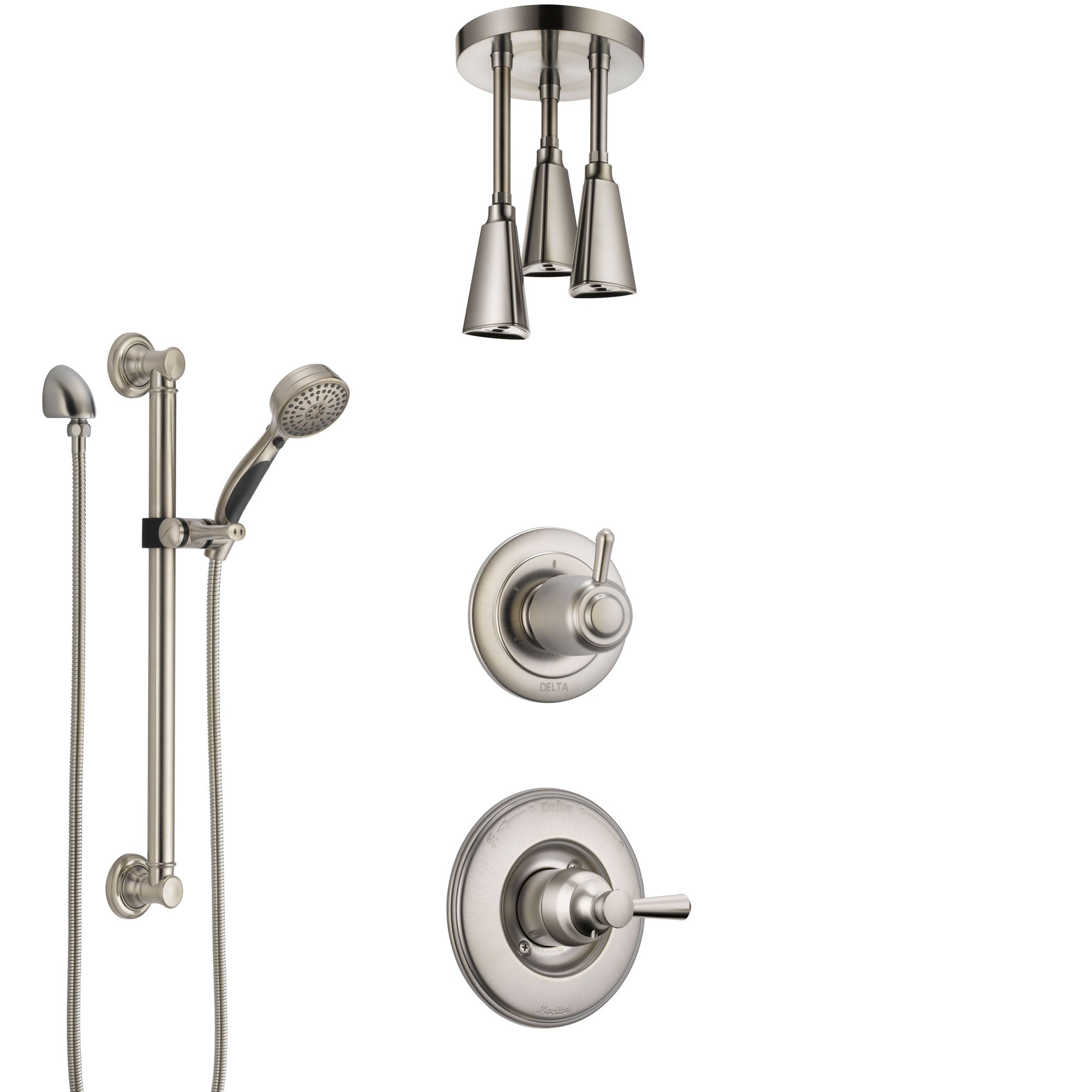 Delta Linden Stainless Steel Finish Shower System with Control Handle, Diverter, Ceiling Mount Showerhead, and Hand Shower with Grab Bar SS1493SS6
