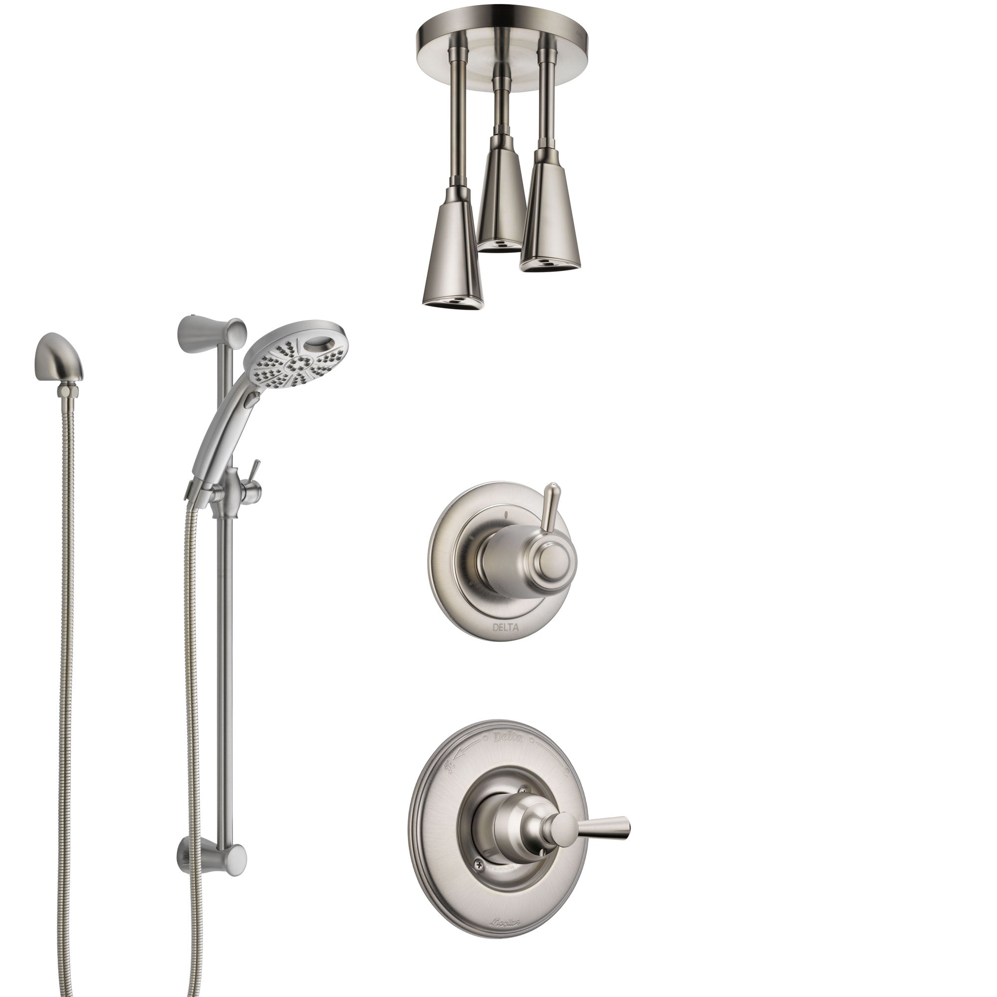 Delta Linden Stainless Steel Finish Shower System with Control Handle, Diverter, Ceiling Mount Showerhead, and Temp2O Hand Shower SS1493SS7
