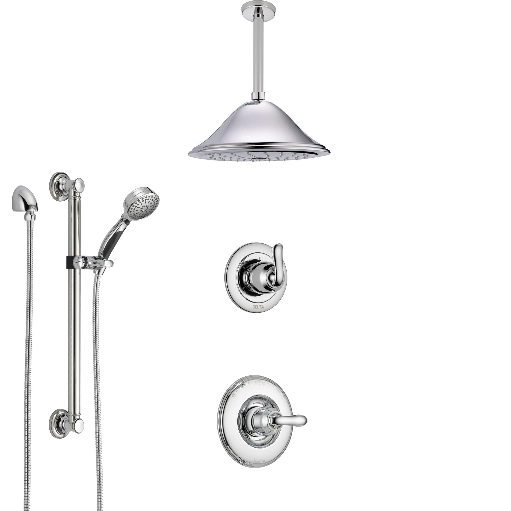 Delta Linden Chrome Finish Shower System with Control Handle, 3-Setting Diverter, Ceiling Mount Showerhead, and Hand Shower with Grab Bar SS14942