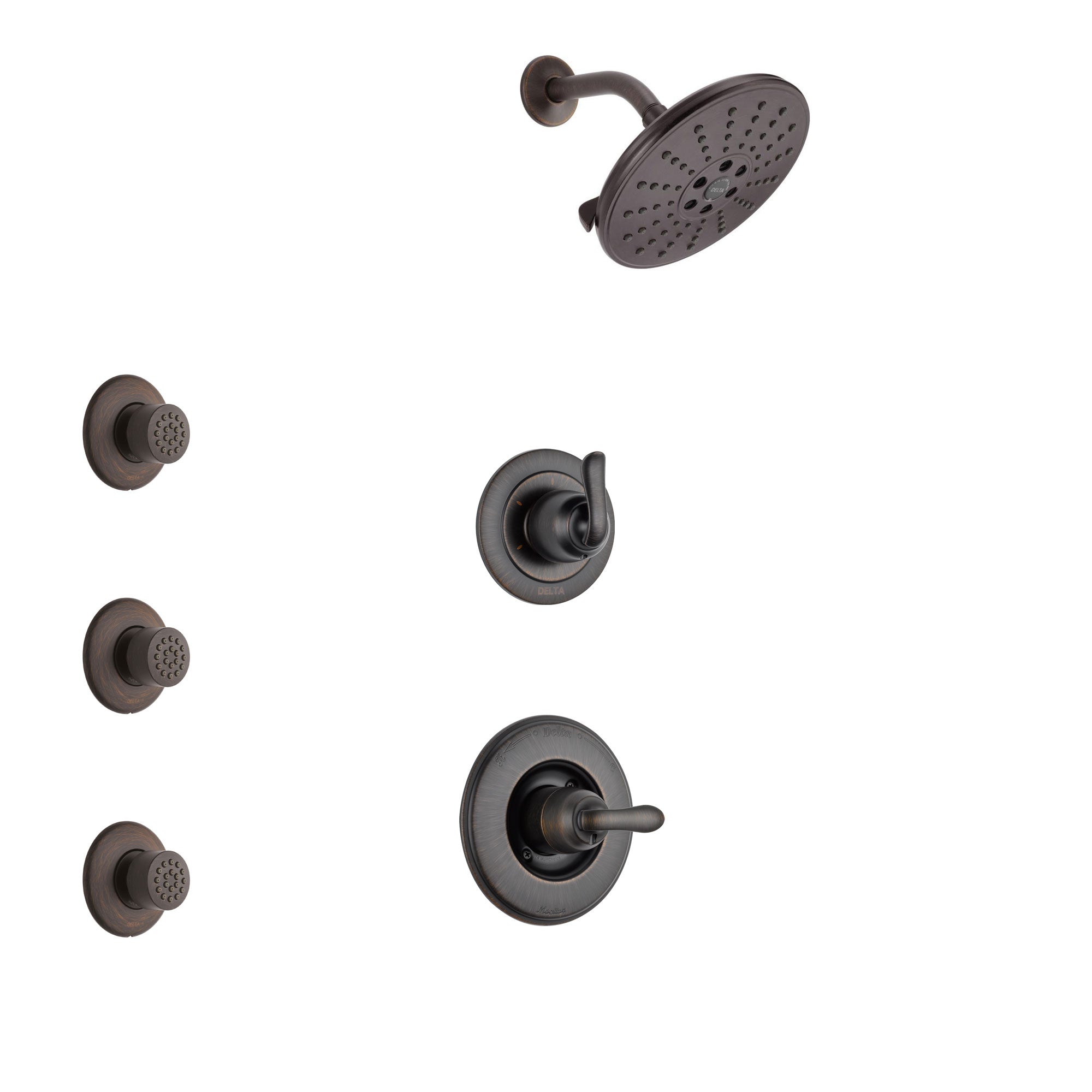 Delta Linden Venetian Bronze Finish Shower System with Control Handle, 3-Setting Diverter, Showerhead, and 3 Body Sprays SS1494RB1