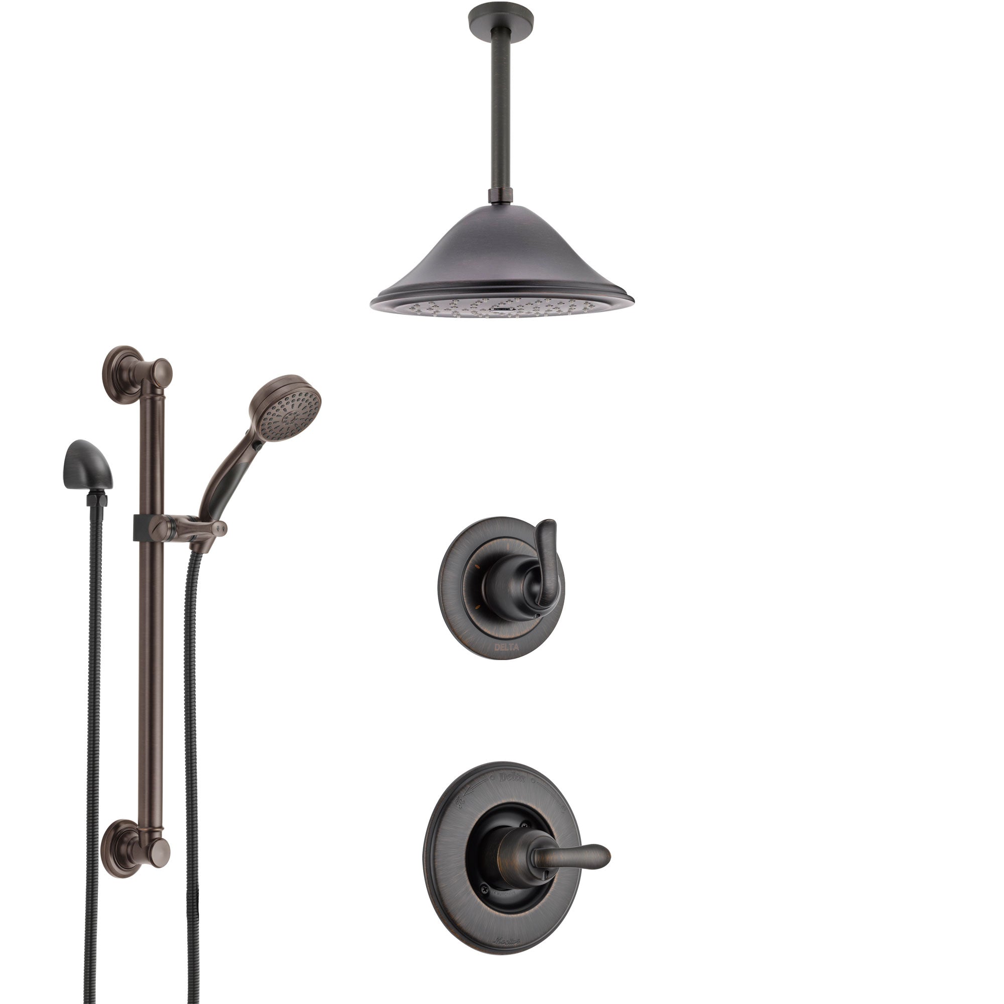 Delta Linden Venetian Bronze Shower System with Control Handle, 3-Setting Diverter, Ceiling Mount Showerhead, and Hand Shower with Grab Bar SS1494RB4