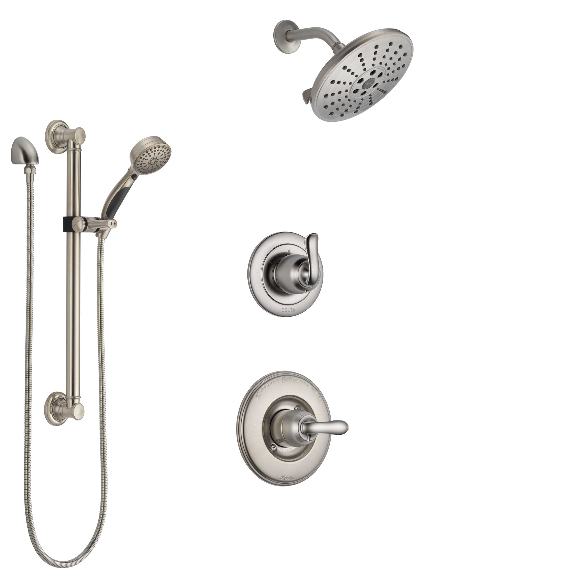 Delta Linden Stainless Steel Finish Shower System with Control Handle, 3-Setting Diverter, Showerhead, and Hand Shower with Grab Bar SS1494SS1
