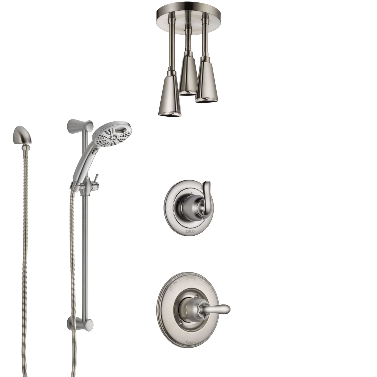 Delta Linden Stainless Steel Finish Shower System with Control Handle, Diverter, Ceiling Mount Showerhead, and Temp2O Hand Shower SS1494SS4