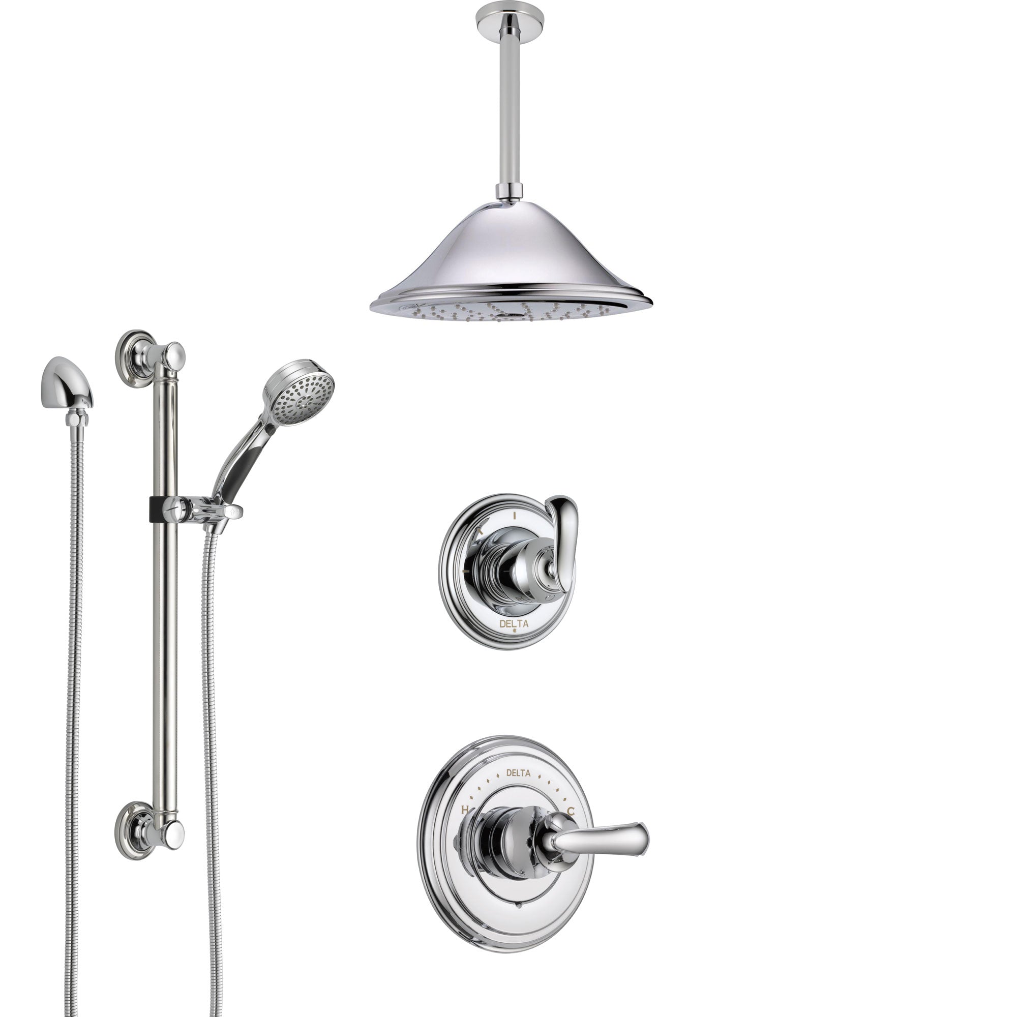 Delta Cassidy Chrome Finish Shower System with Control Handle, 3-Setting Diverter, Ceiling Mount Showerhead, and Hand Shower with Grab Bar SS149711