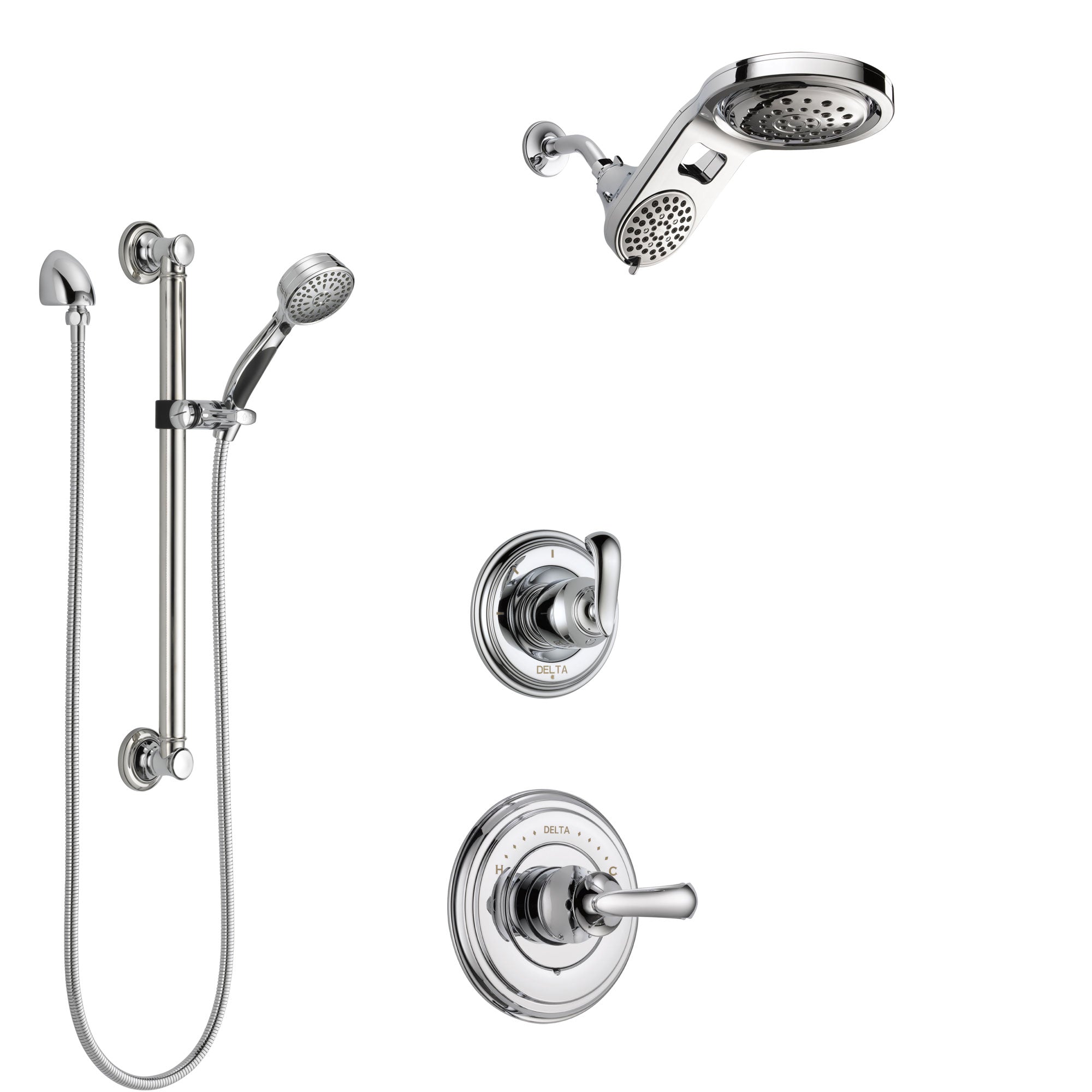 Delta Cassidy Chrome Finish Shower System with Control Handle, 3-Setting Diverter, Dual Showerhead, and Hand Shower with Grab Bar SS149715