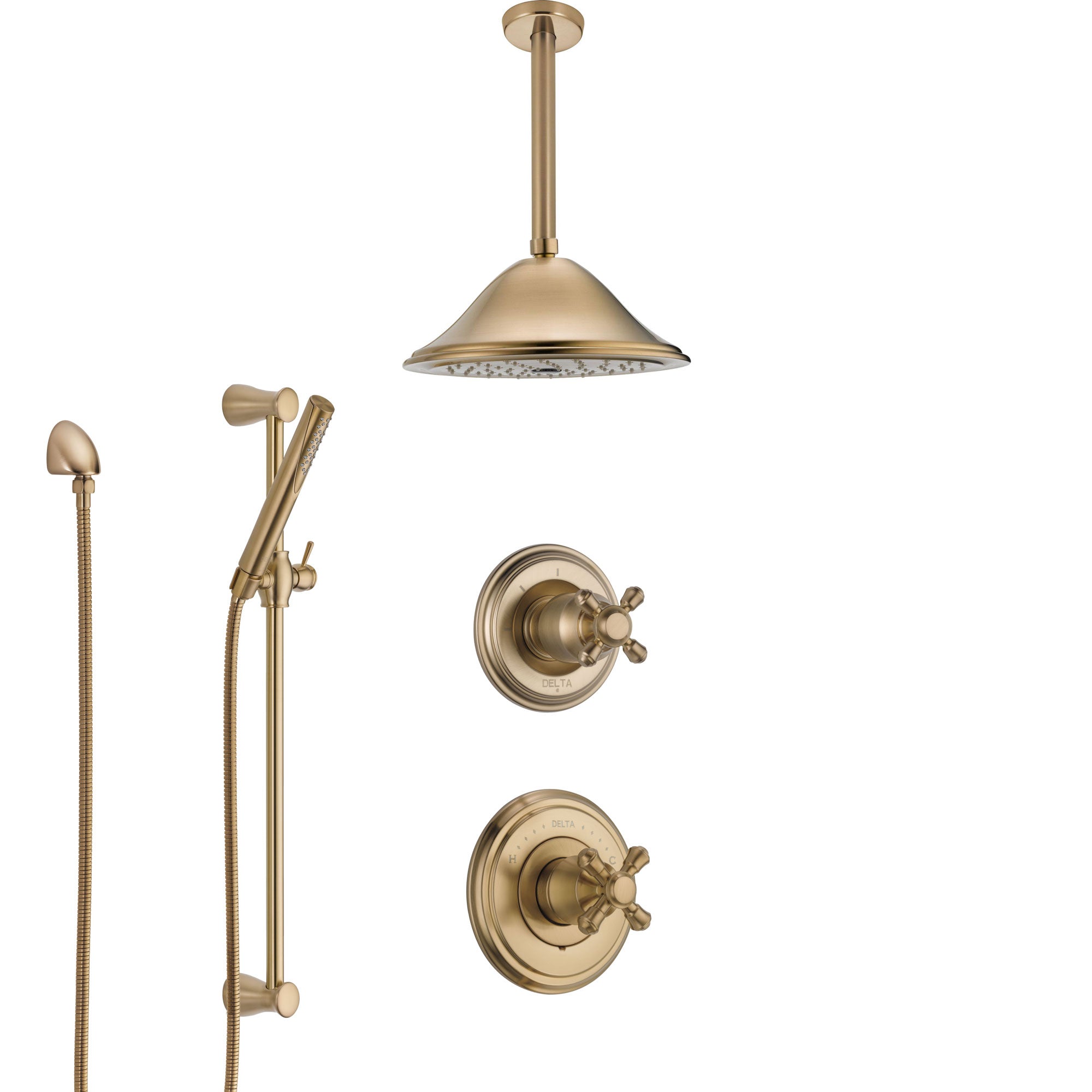 Delta Cassidy Champagne Bronze Shower System with Control Handle, Diverter, Ceiling Mount Showerhead, and Hand Shower with Slidebar SS14971CZ2