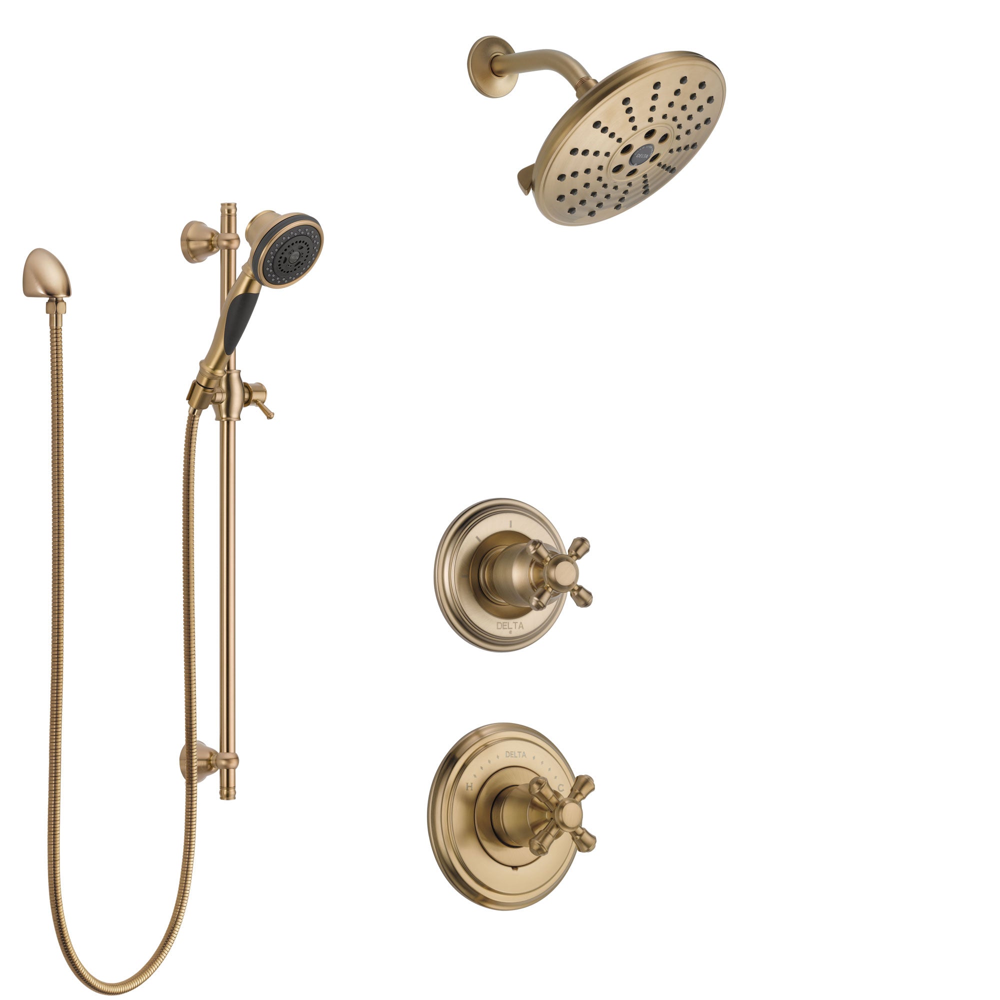 Delta Cassidy Champagne Bronze Finish Shower System with Control Handle, 3-Setting Diverter, Showerhead, and Hand Shower with Slidebar SS14971CZ5