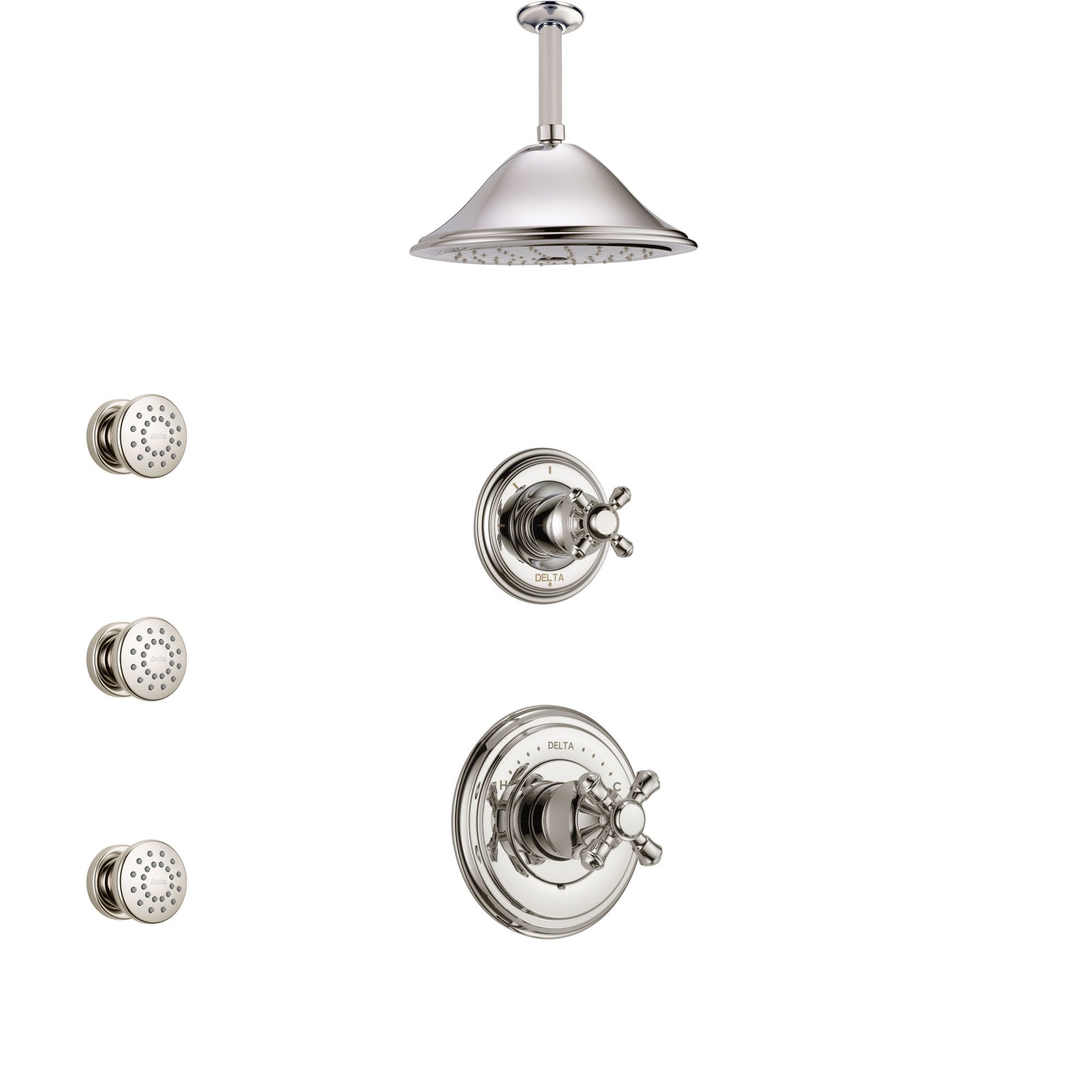 Delta Cassidy Polished Nickel Finish Shower System with Control Handle, 3-Setting Diverter, Ceiling Mount Showerhead, and 3 Body Sprays SS14971PN4