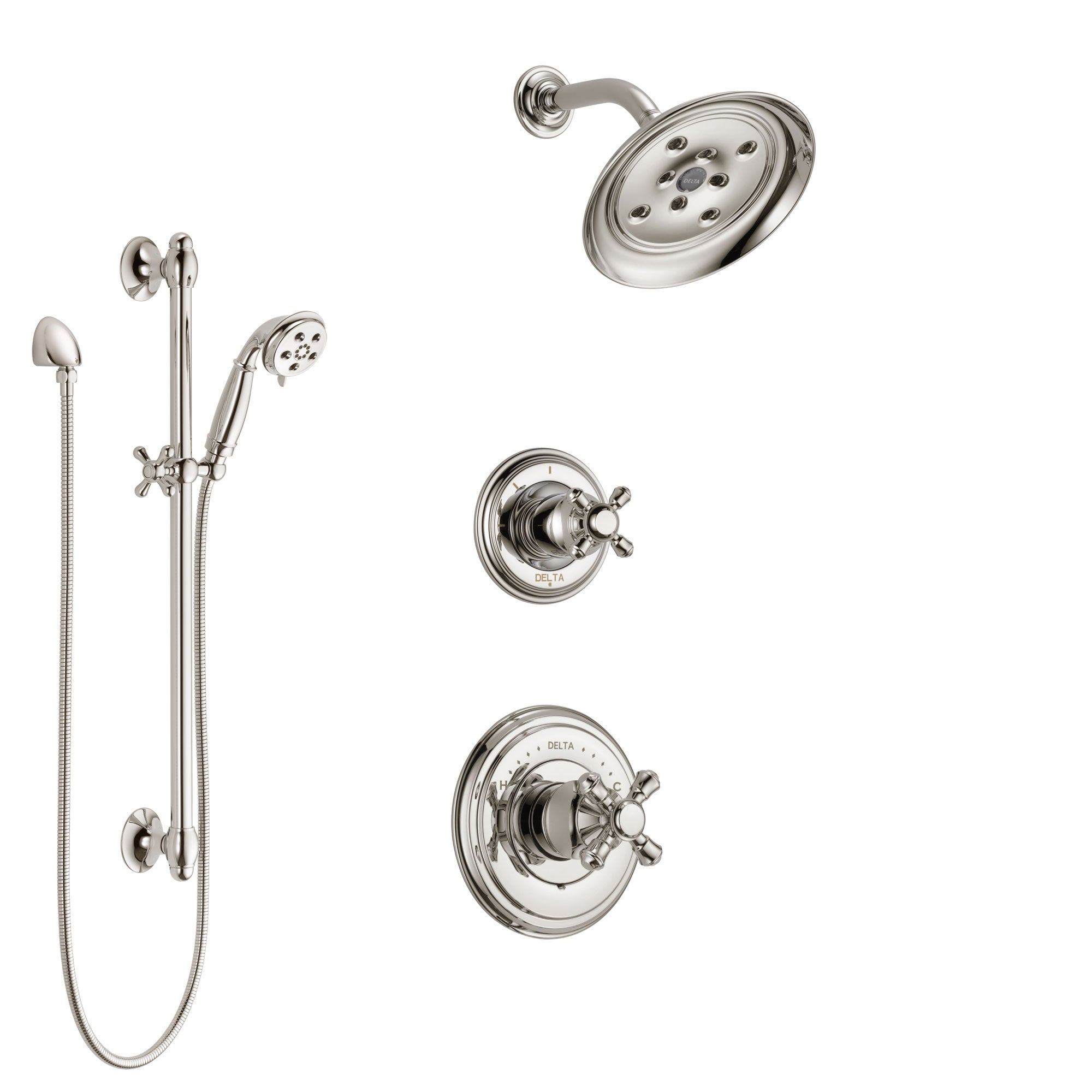 Delta Cassidy Polished Nickel Finish Shower System with Control Handle, 3-Setting Diverter, Showerhead, and Hand Shower with Slidebar SS14971PN5