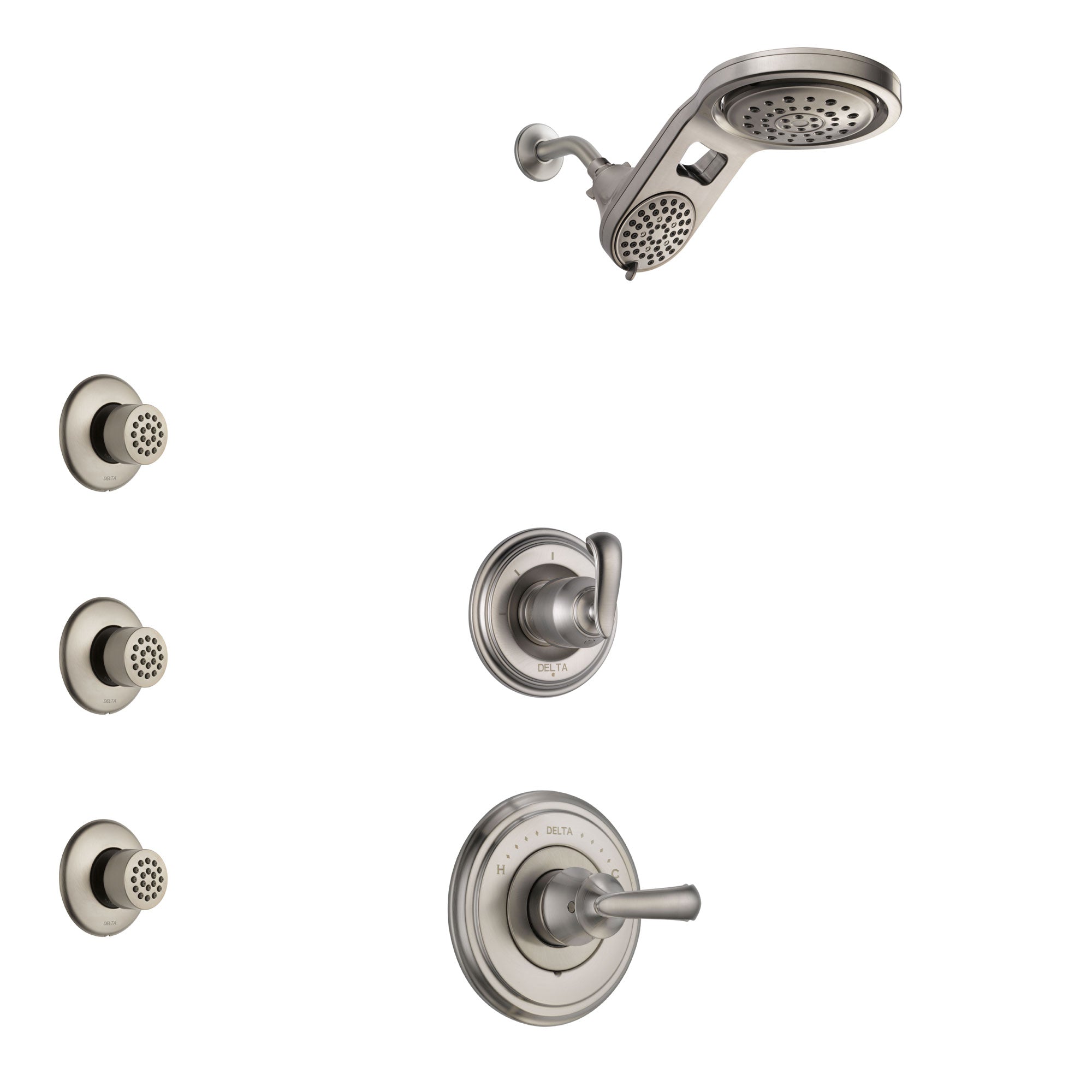 Delta Cassidy Stainless Steel Finish Shower System with Control Handle, 3-Setting Diverter, Dual Showerhead, and 3 Body Sprays SS14971SS4