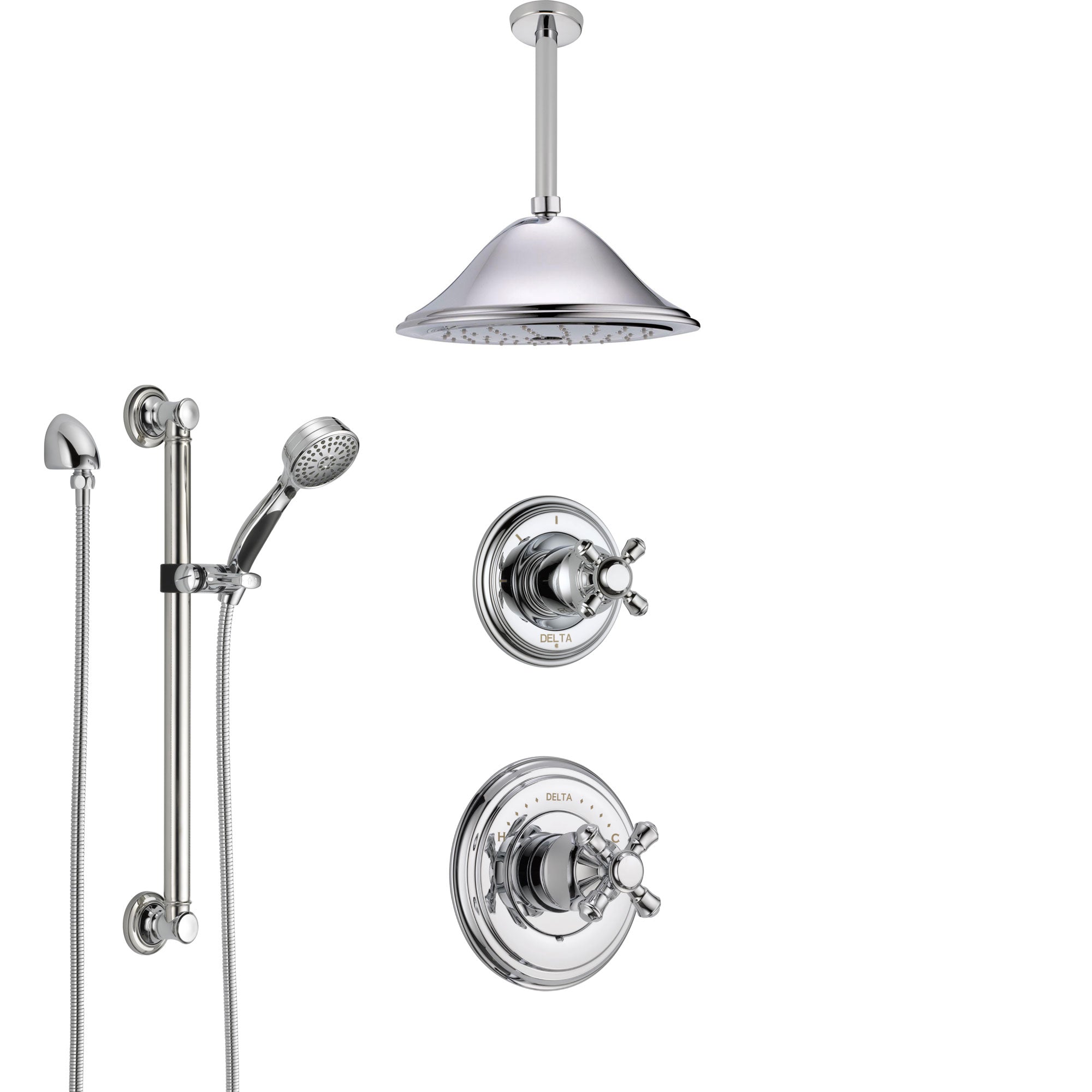 Delta Cassidy Chrome Finish Shower System with Control Handle, 3-Setting Diverter, Ceiling Mount Showerhead, and Hand Shower with Grab Bar SS149725