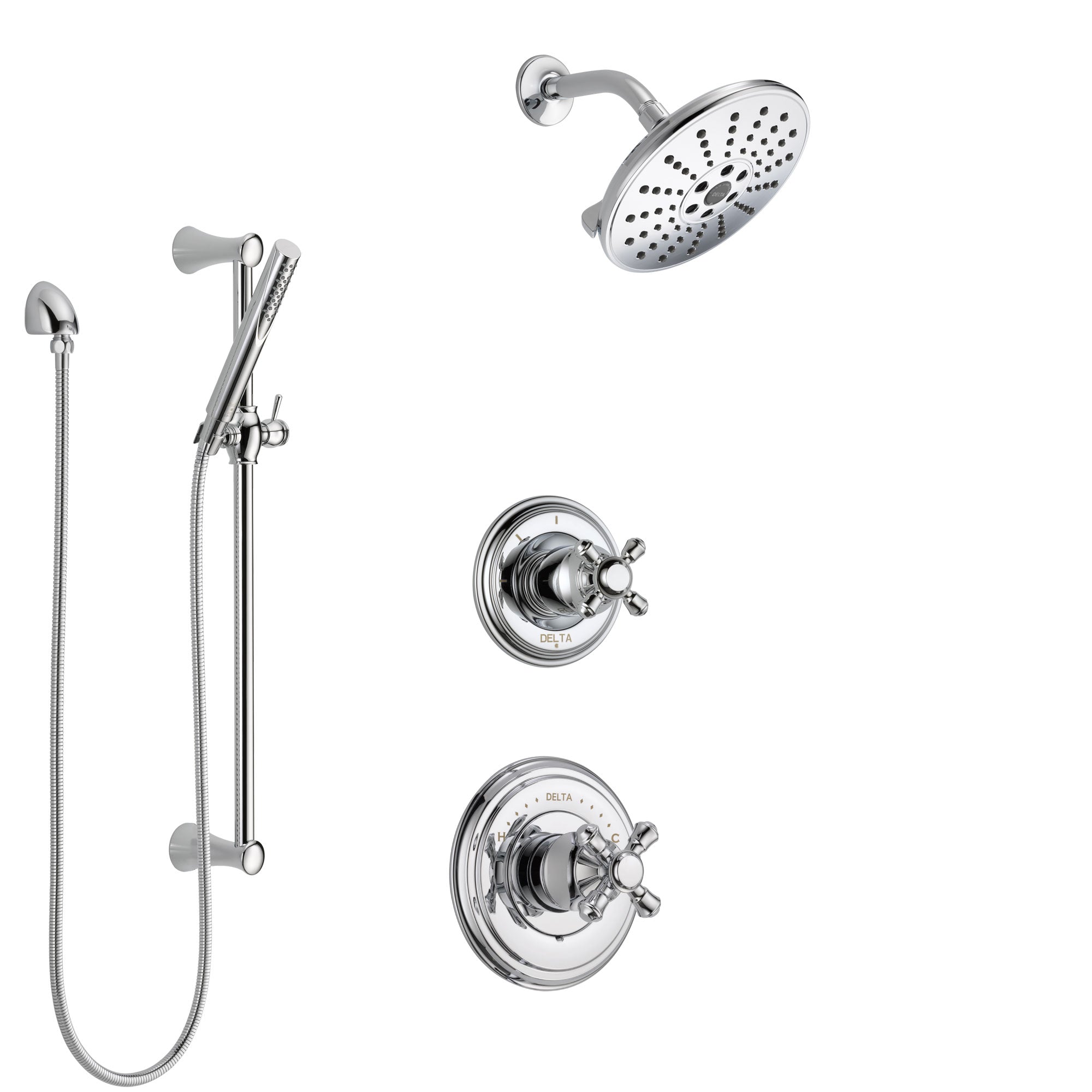Delta Cassidy Chrome Finish Shower System with Control Handle, 3-Setting Diverter, Showerhead, and Hand Shower with Slidebar SS149727