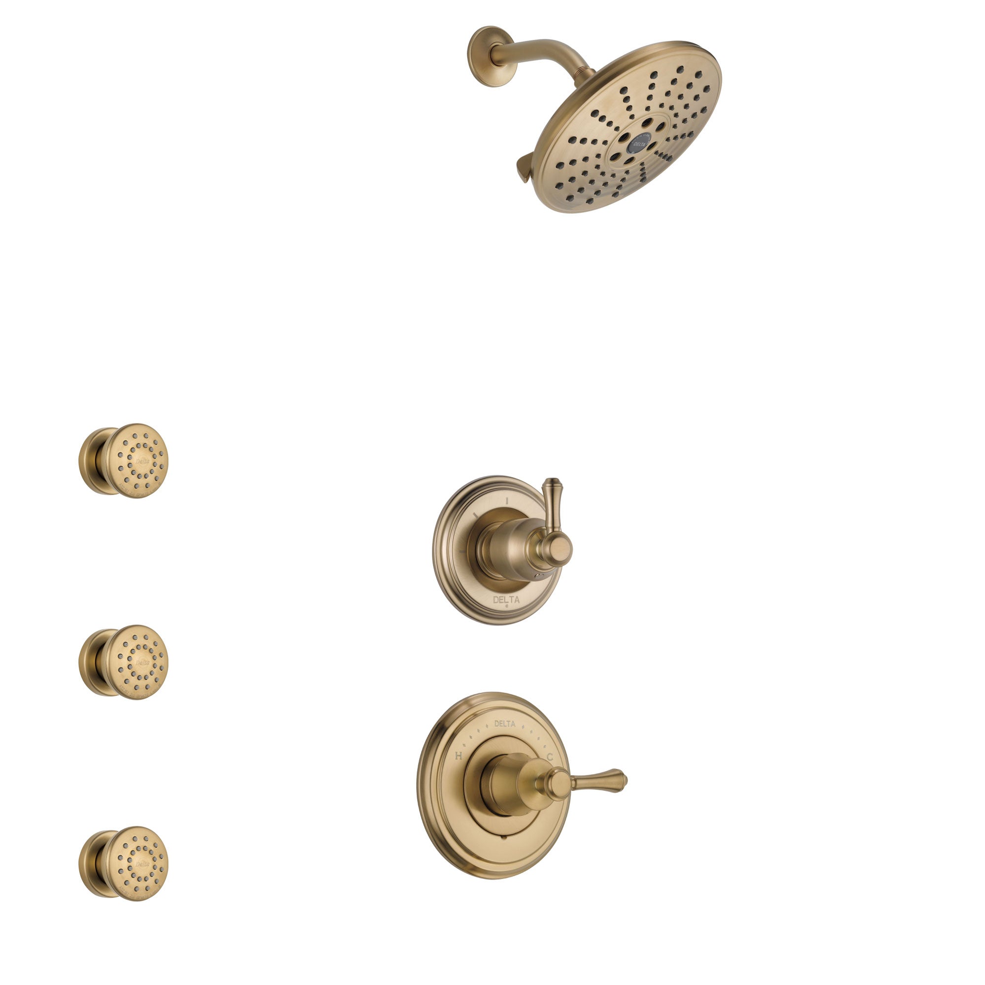 Delta Cassidy Champagne Bronze Finish Shower System with Control Handle, 3-Setting Diverter, Showerhead, and 3 Body Sprays SS14972CZ6