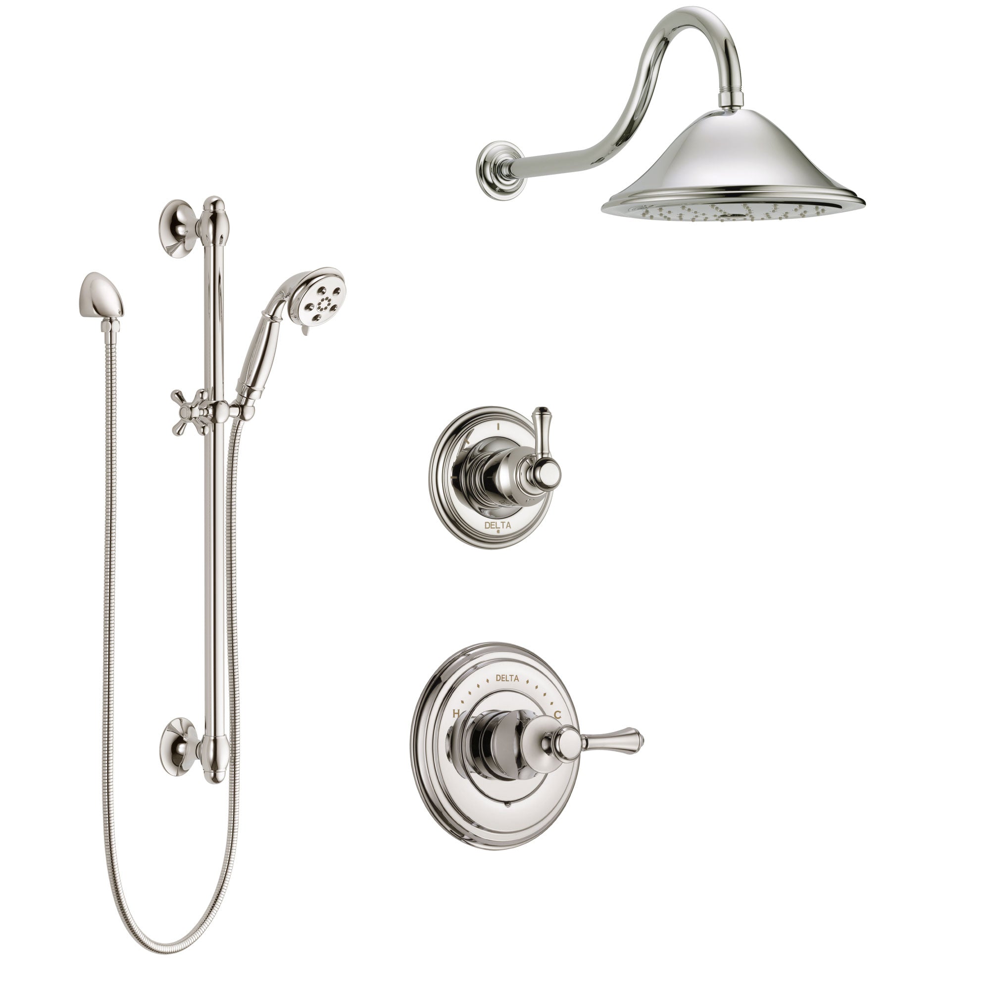 Delta Cassidy Polished Nickel Finish Shower System with Control Handle, 3-Setting Diverter, Showerhead, and Hand Shower with Slidebar SS14972PN2