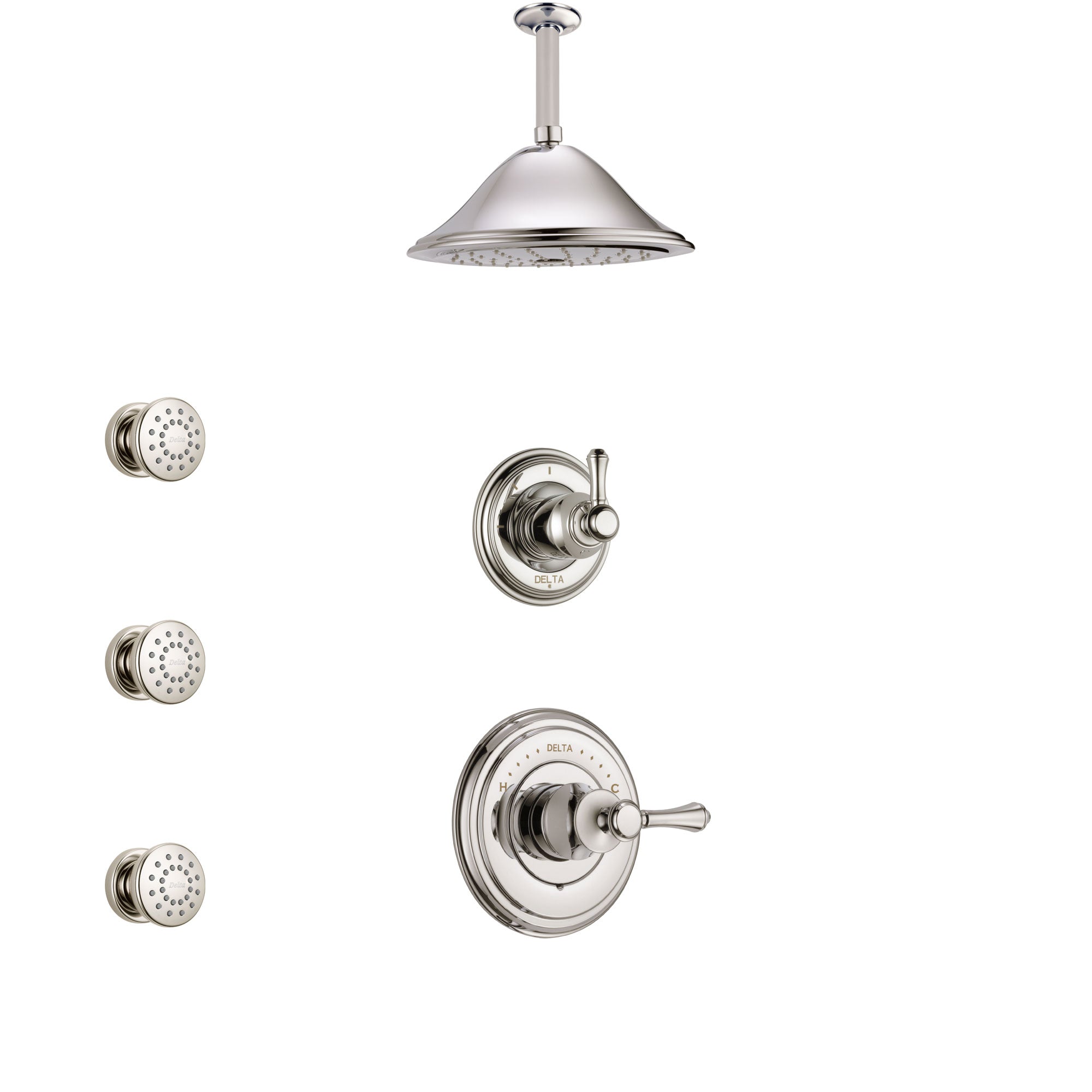 Delta Cassidy Polished Nickel Finish Shower System with Control Handle, 3-Setting Diverter, Ceiling Mount Showerhead, and 3 Body Sprays SS14972PN4