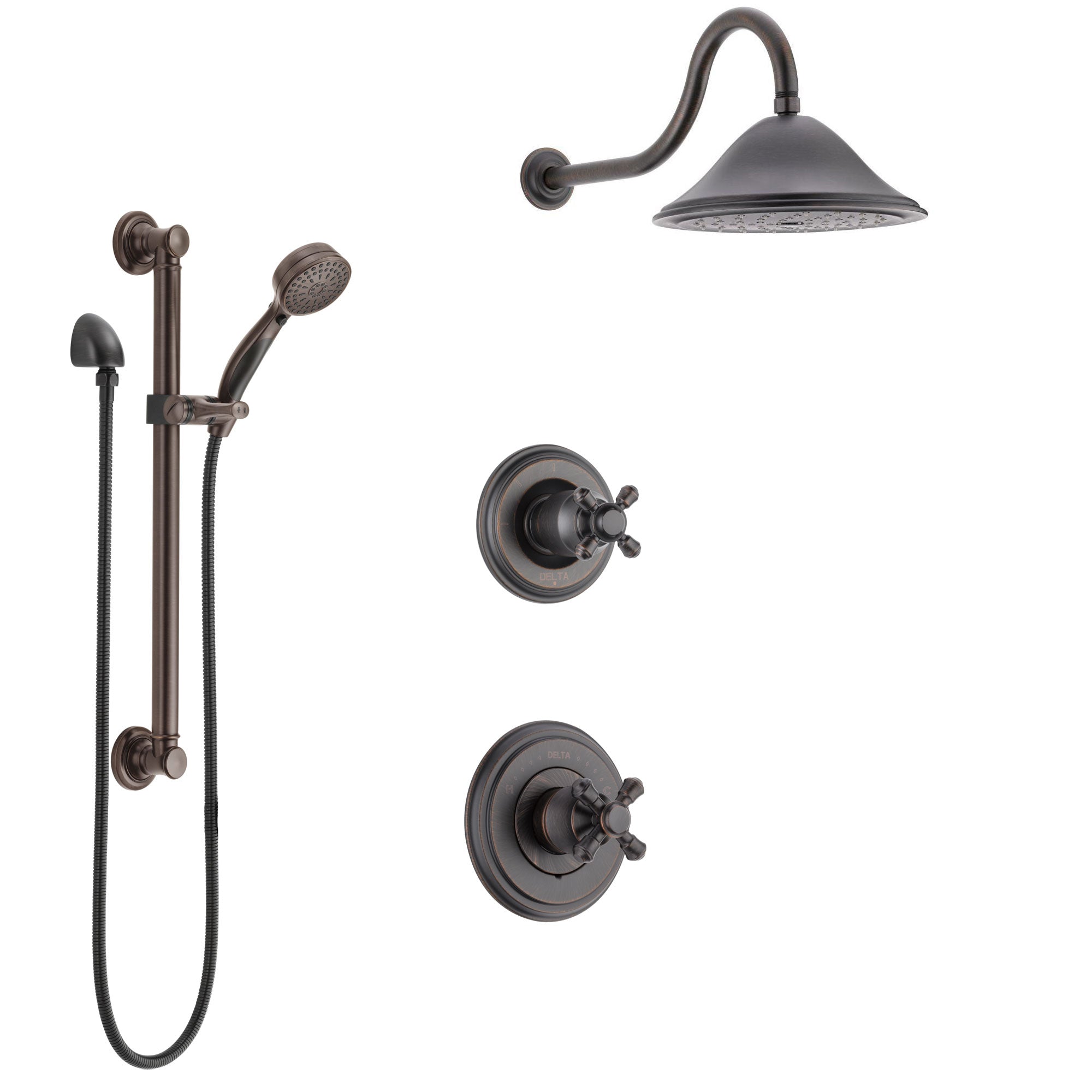 Delta Cassidy Venetian Bronze Finish Shower System with Control Handle, 3-Setting Diverter, Showerhead, and Hand Shower with Grab Bar SS14972RB5