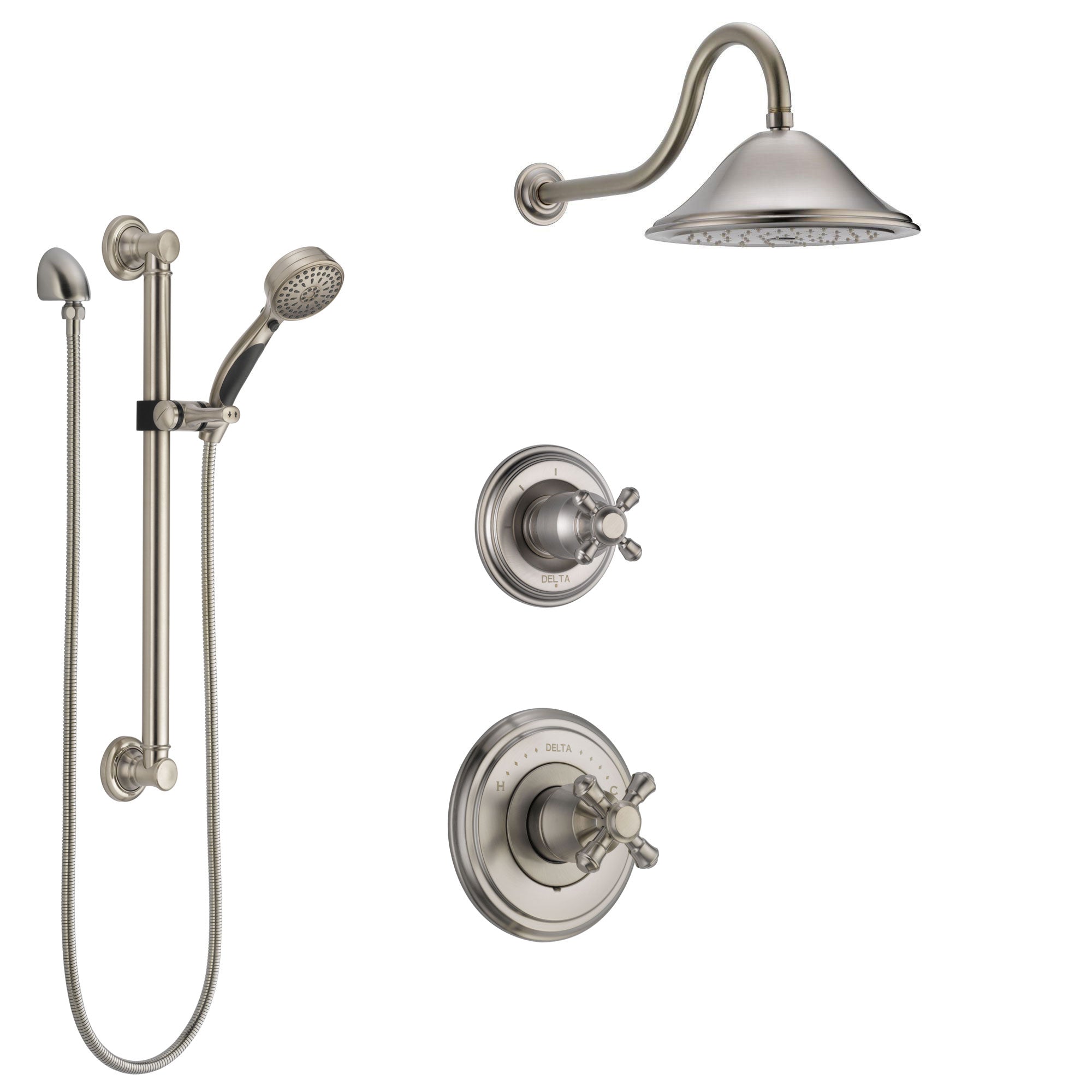 Delta Cassidy Stainless Steel Finish Shower System with Control Handle, 3-Setting Diverter, Showerhead, and Hand Shower with Grab Bar SS14972SS1