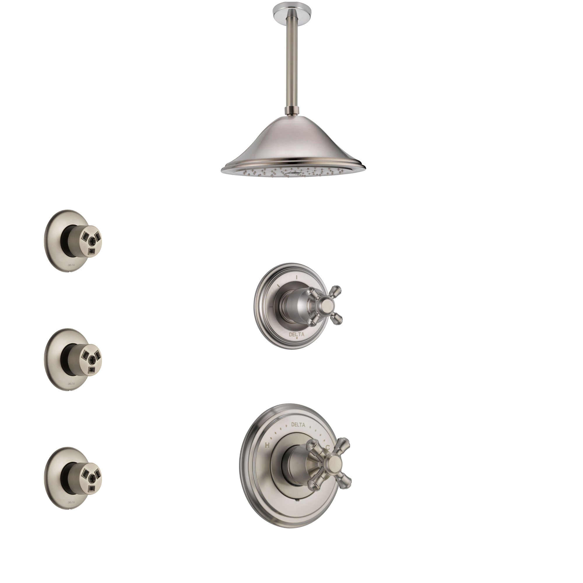 Delta Cassidy Stainless Steel Finish Shower System with Control Handle, 3-Setting Diverter, Ceiling Mount Showerhead, and 3 Body Sprays SS14972SS6