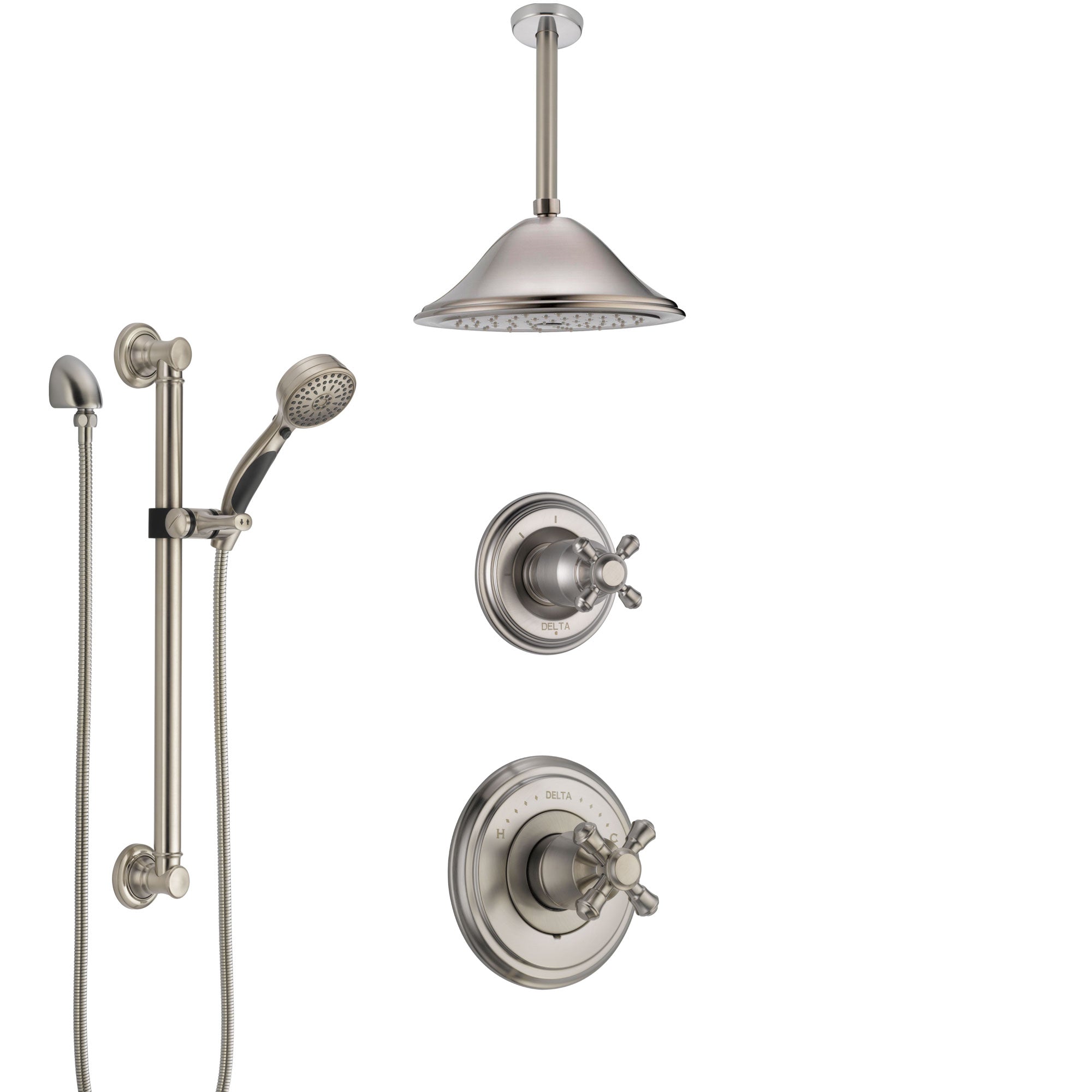Delta Cassidy Stainless Steel Finish Shower System with Control Handle, Diverter, Ceiling Mount Showerhead, and Hand Shower with Grab Bar SS14972SS7