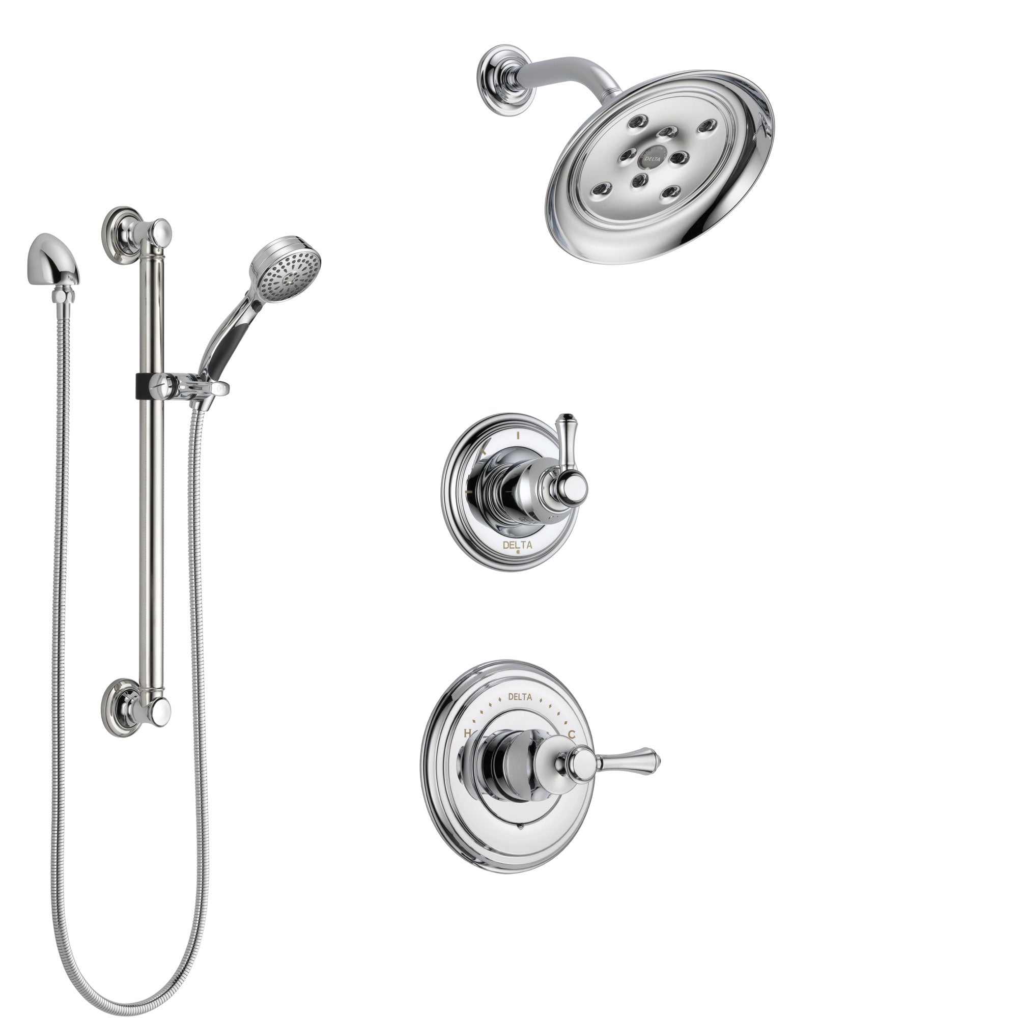 Delta Cassidy Chrome Finish Shower System with Control Handle, 3-Setting Diverter, Showerhead, and Hand Shower with Grab Bar SS149734