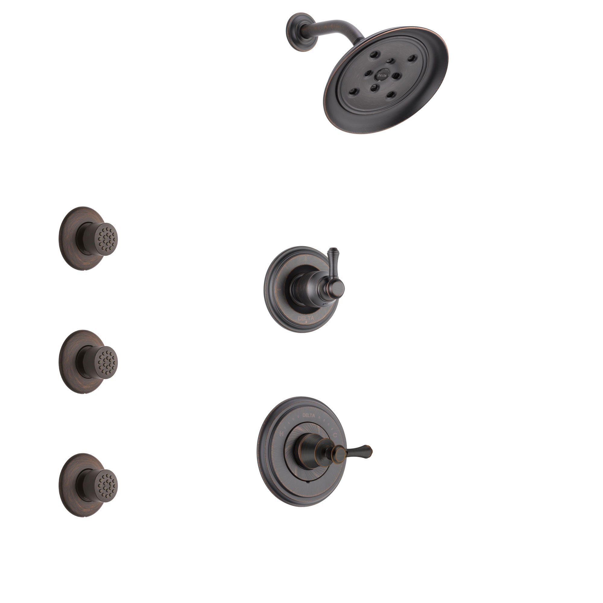 Delta Cassidy Venetian Bronze Finish Shower System with Control Handle, 3-Setting Diverter, Showerhead, and 3 Body Sprays SS14973RB3