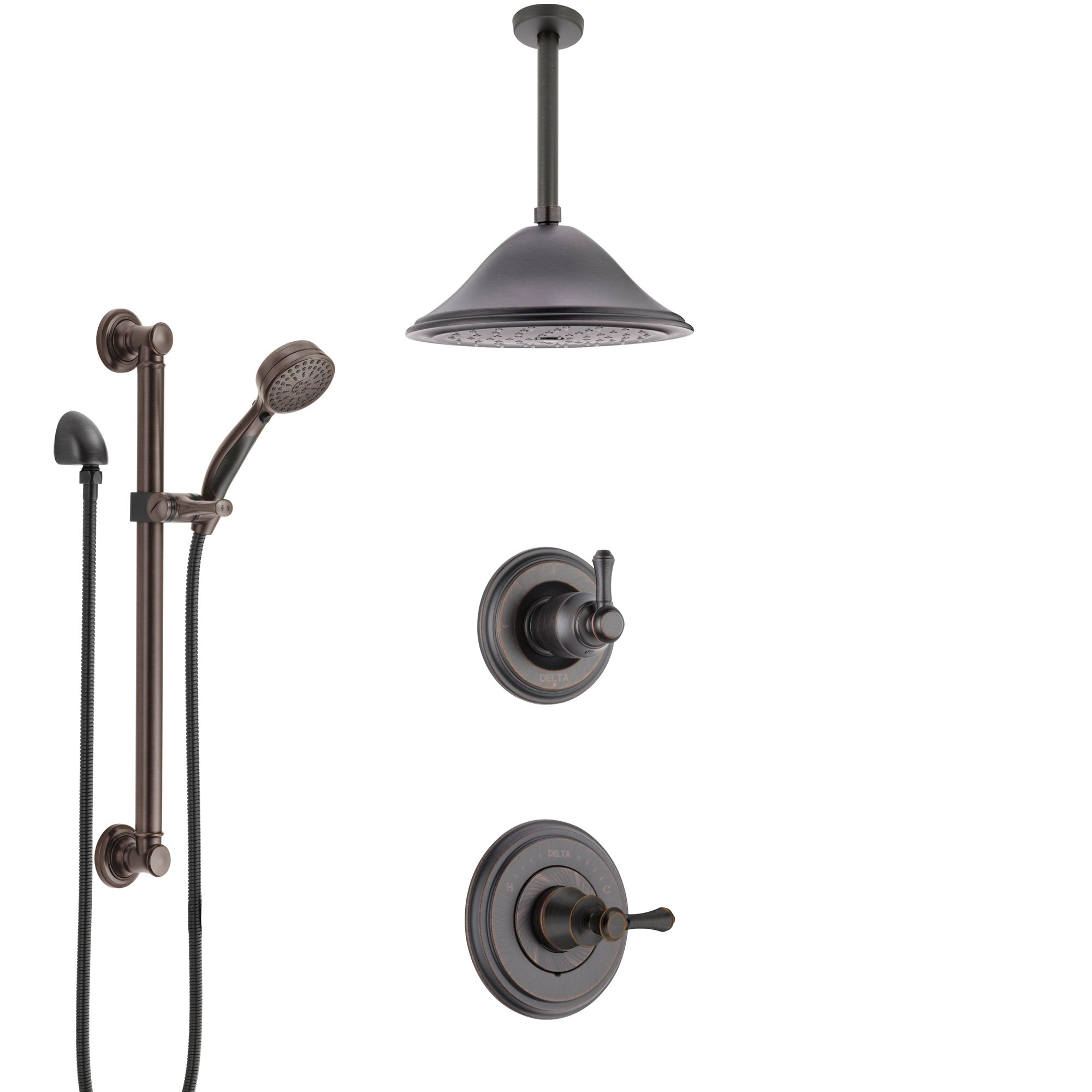 Delta Cassidy Venetian Bronze Shower System with Control Handle, Diverter, Ceiling Mount Showerhead, and Hand Shower with Grab Bar SS14973RB8