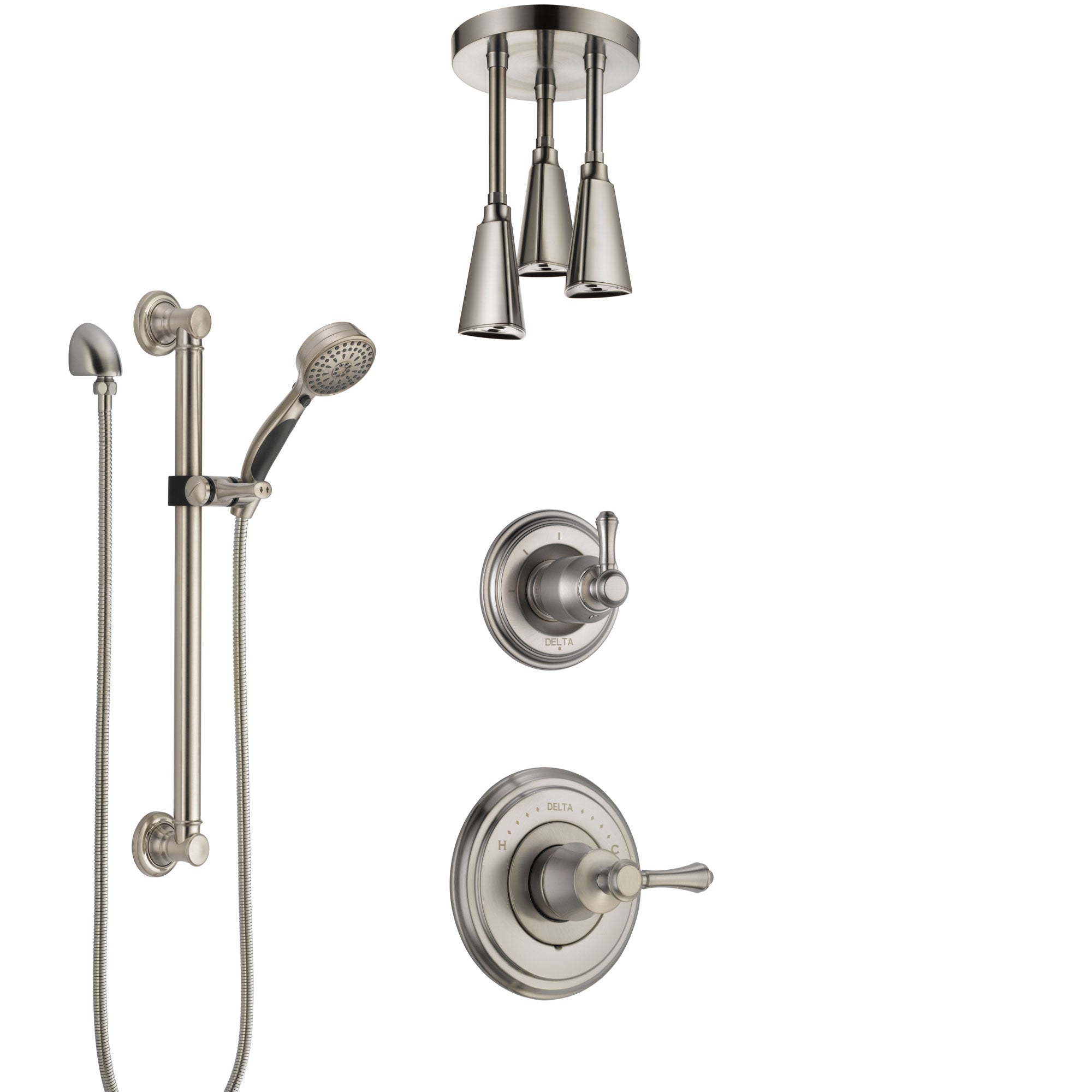 Delta Cassidy Stainless Steel Finish Shower System with Control Handle, Diverter, Ceiling Mount Showerhead, and Hand Shower with Grab Bar SS14973SS5