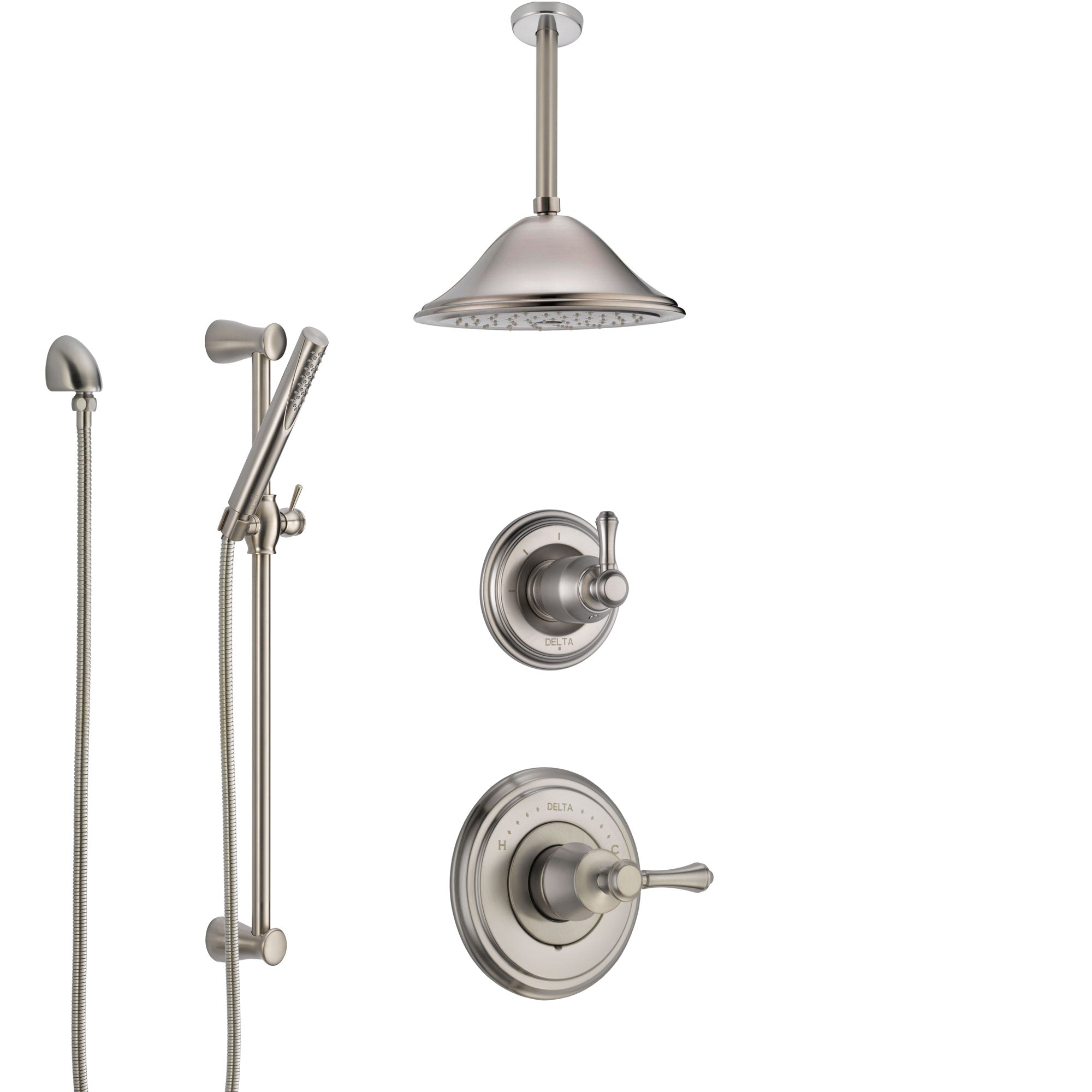 Delta Cassidy Stainless Steel Finish Shower System with Control Handle, Diverter, Ceiling Mount Showerhead, and Hand Shower with Slidebar SS14973SS8