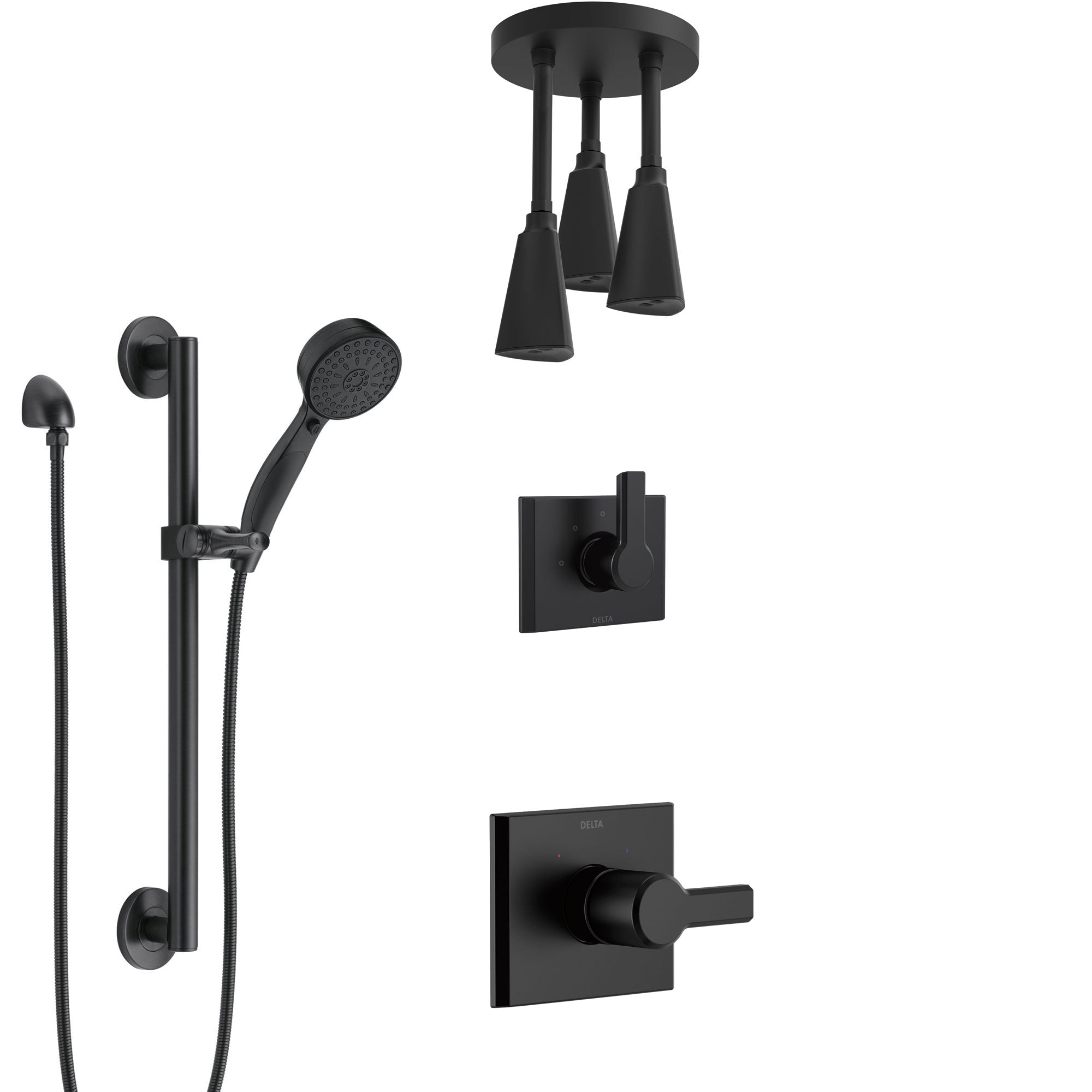 Delta Pivotal Matte Black Finish Modern Shower System with Triple Pendant Ceiling Mount Showerhead Fixture and Grab Bar Hand Sprayer Kit SS14993BL10